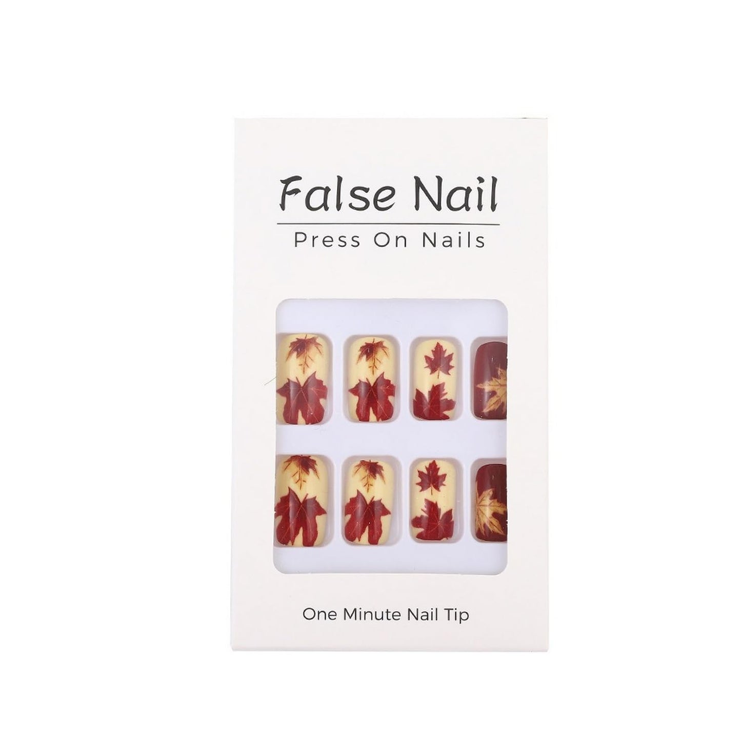 Short Almond Press on Nails Fall Fake Nails Sparkly False Nail with Gold Leaf Designs Autumn Wine Red Glossy Full Cover Acrylic Stick on Nail for Women Nail Art Decor 24 Pcs