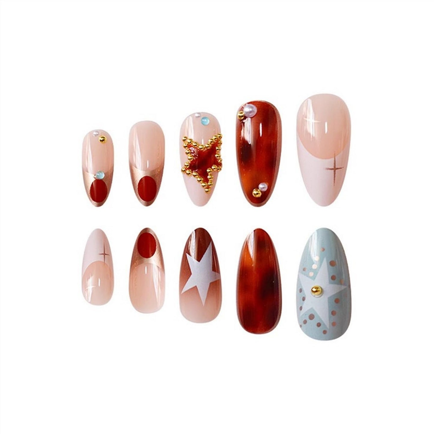 Short Almond Press on Nails Fall Fake Nails Sparkly False Nail with Gold Leaf Designs Autumn Wine Red Glossy Full Cover Acrylic Stick on Nail for Women Nail Art Decor 24 Pcs