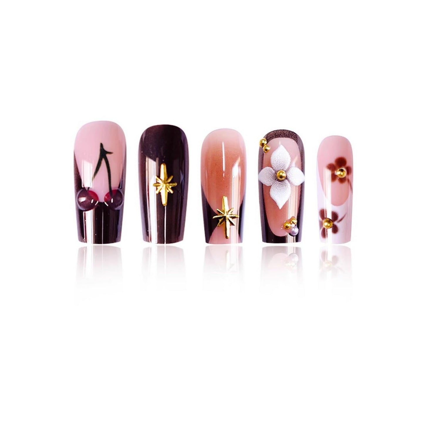 Short Almond Press on Nails Fall Fake Nails Sparkly False Nail with Gold Leaf Designs Autumn Wine Red Glossy Full Cover Acrylic Stick on Nail for Women Nail Art Decor 24 Pcs