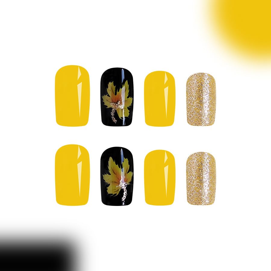 24Pcs Fall Press on Nails Short Square Fake Nails Wine Red and Gold Maple Leaf Glossy Gold Sparkly Acrylic Nails Full Cover Stick on Nails Autumn Thanksgiving Nail Decoration for Nail Art Supplies