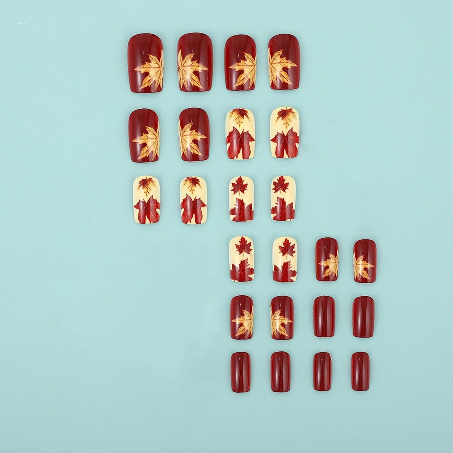 Short Almond Press on Nails Fall Fake Nails Sparkly False Nail with Gold Leaf Designs Autumn Wine Red Glossy Full Cover Acrylic Stick on Nail for Women Nail Art Decor 24 Pcs