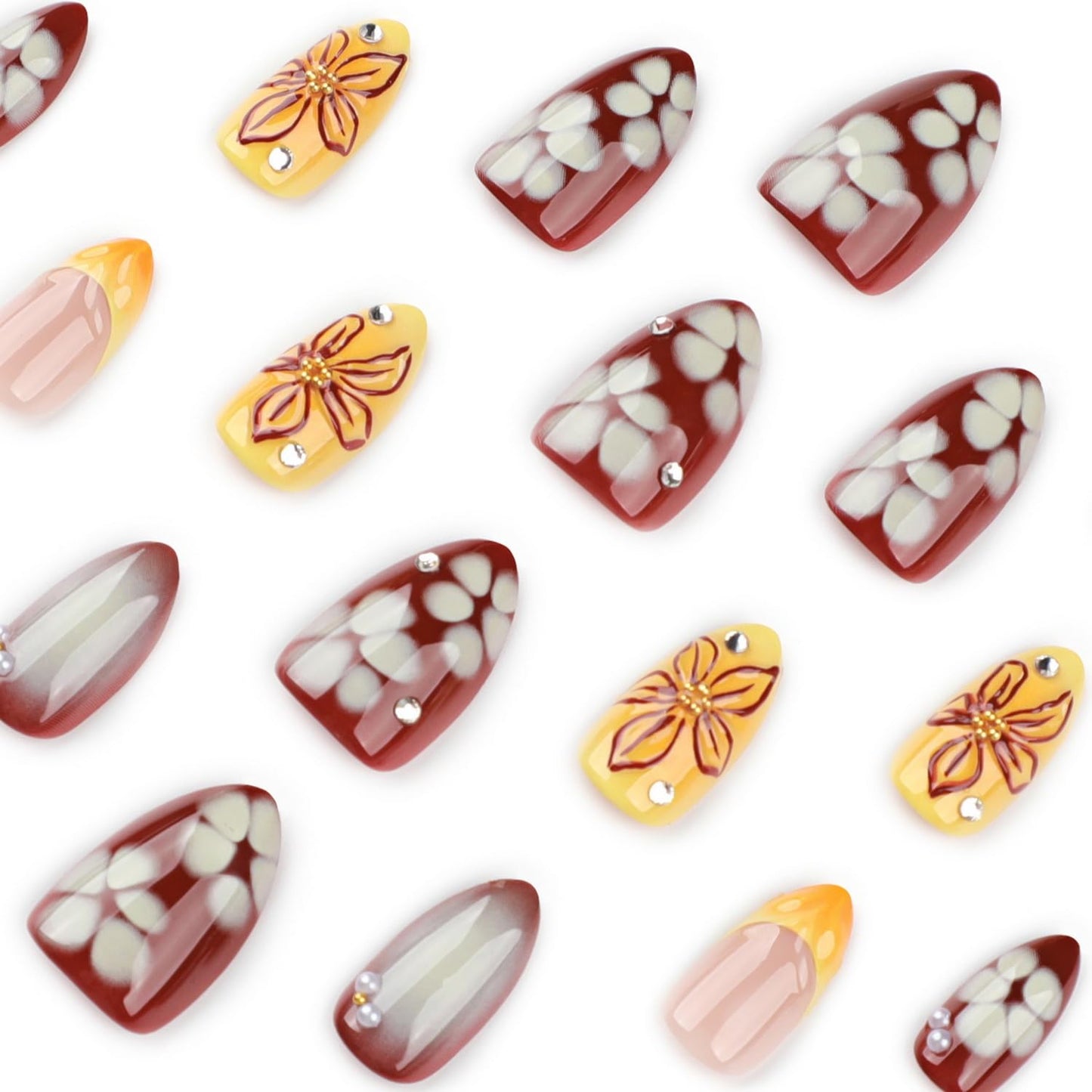 Short Almond Press on Nails Fall Fake Nails Sparkly False Nail with Gold Leaf Designs Autumn Wine Red Glossy Full Cover Acrylic Stick on Nail for Women Nail Art Decor 24 Pcs