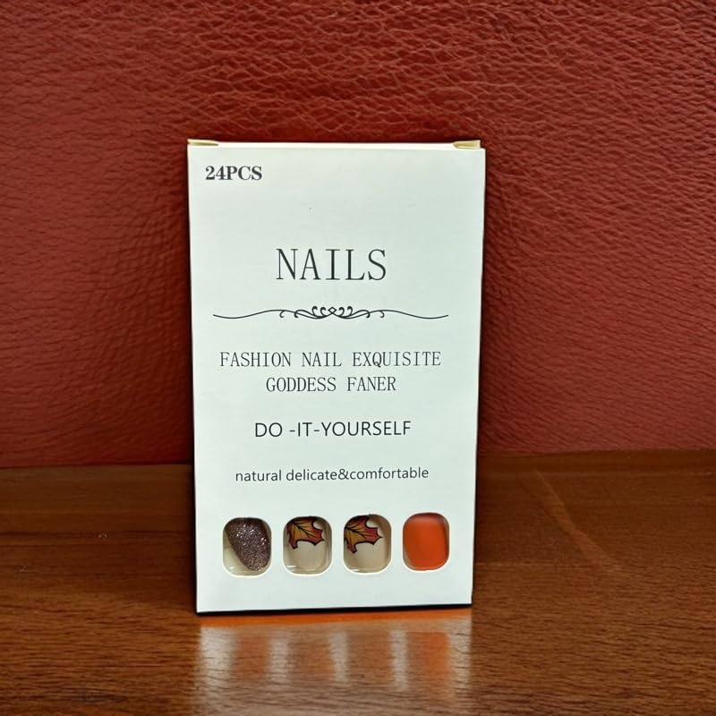 24Pcs Fall Press on Nails Short Square Fake Nails Wine Red and Gold Maple Leaf Glossy Gold Sparkly Acrylic Nails Full Cover Stick on Nails Autumn Thanksgiving Nail Decoration for Nail Art Supplies