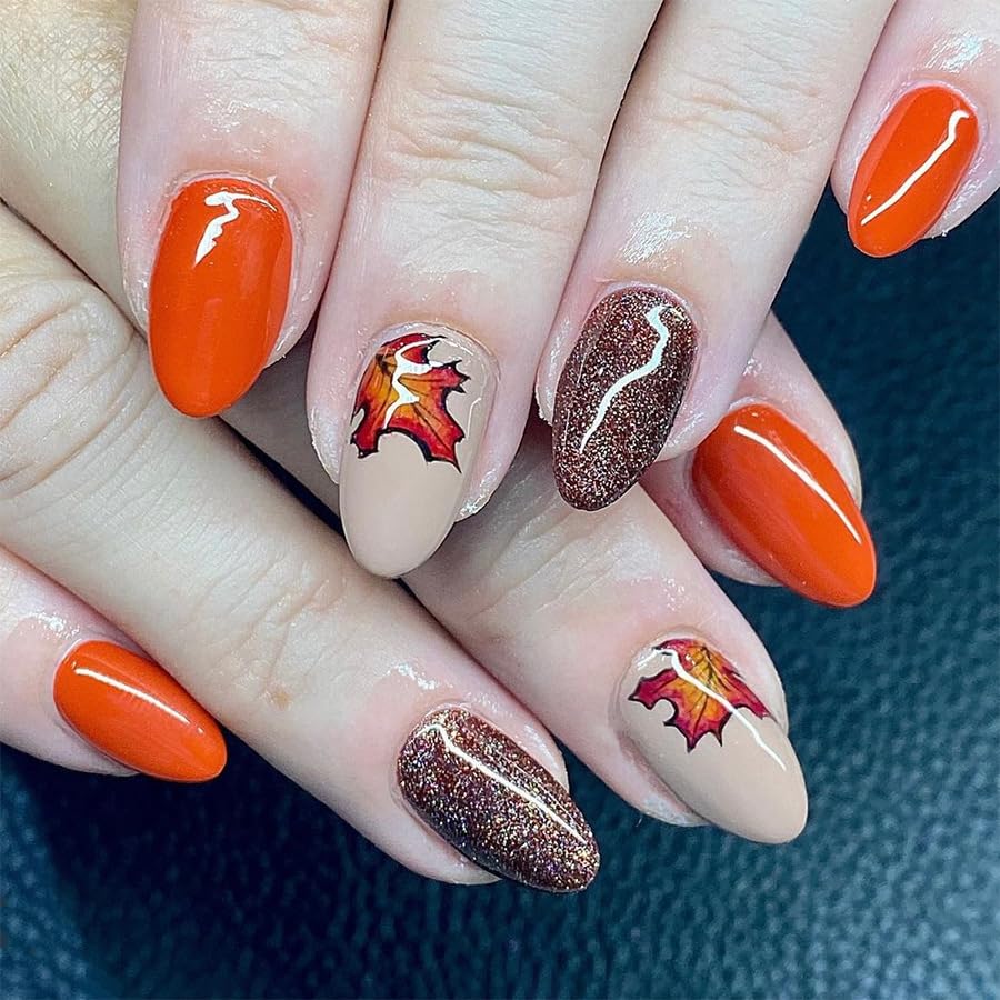 24Pcs Fall Press on Nails Short Square Fake Nails Wine Red and Gold Maple Leaf Glossy Gold Sparkly Acrylic Nails Full Cover Stick on Nails Autumn Thanksgiving Nail Decoration for Nail Art Supplies