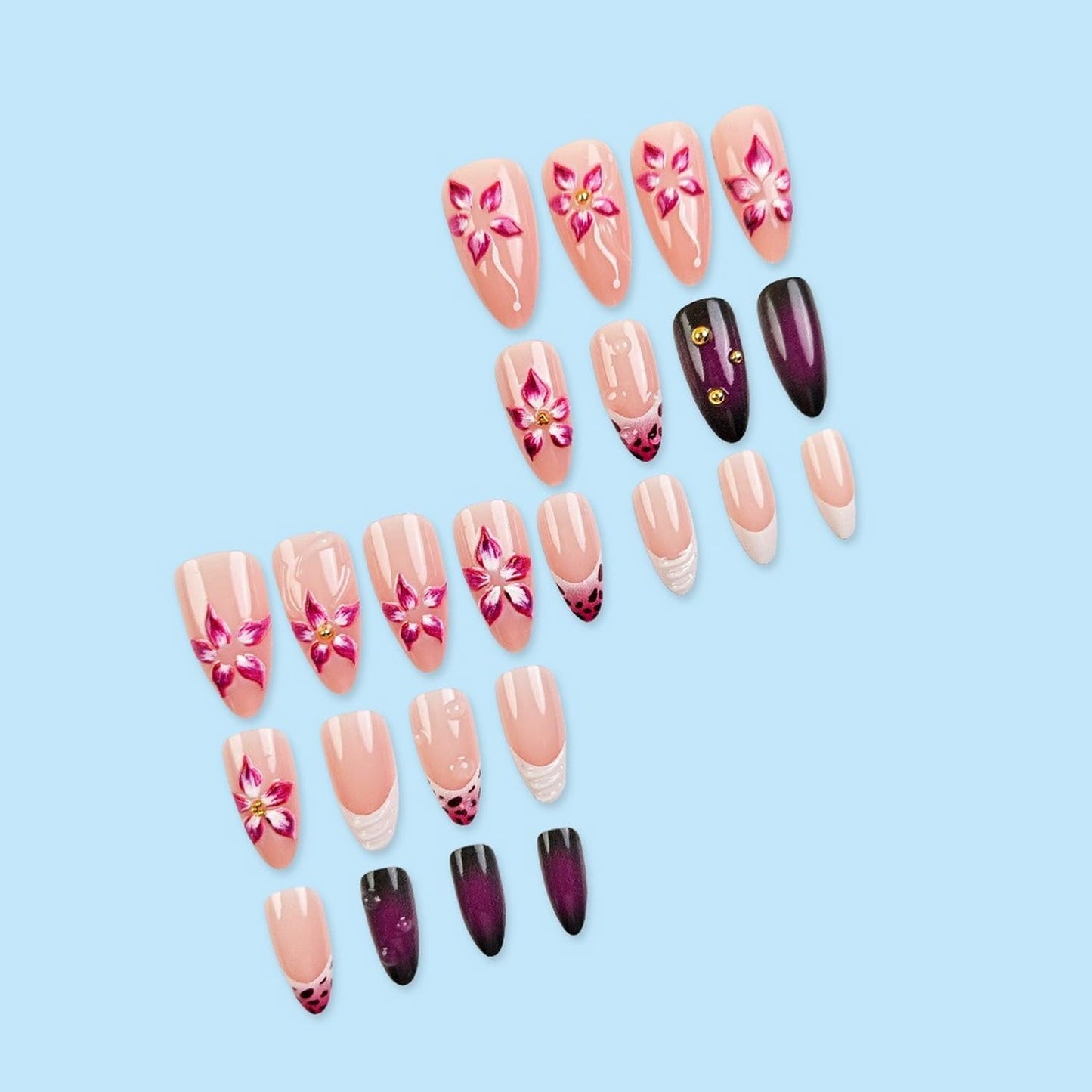 Short Almond Press on Nails Fall Fake Nails Sparkly False Nail with Gold Leaf Designs Autumn Wine Red Glossy Full Cover Acrylic Stick on Nail for Women Nail Art Decor 24 Pcs