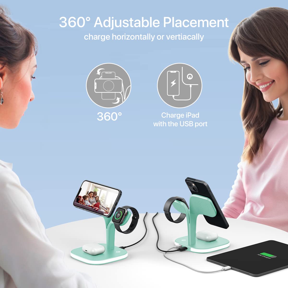 EXW Wireless Charging Station for Magsafe Charger,Charging Station for Multiple Devices,Wireless Charger for iPhone 16/15/14/13/12 Series,Apple Watch Series 1-9,AirPods with LED and Adapter (Black)