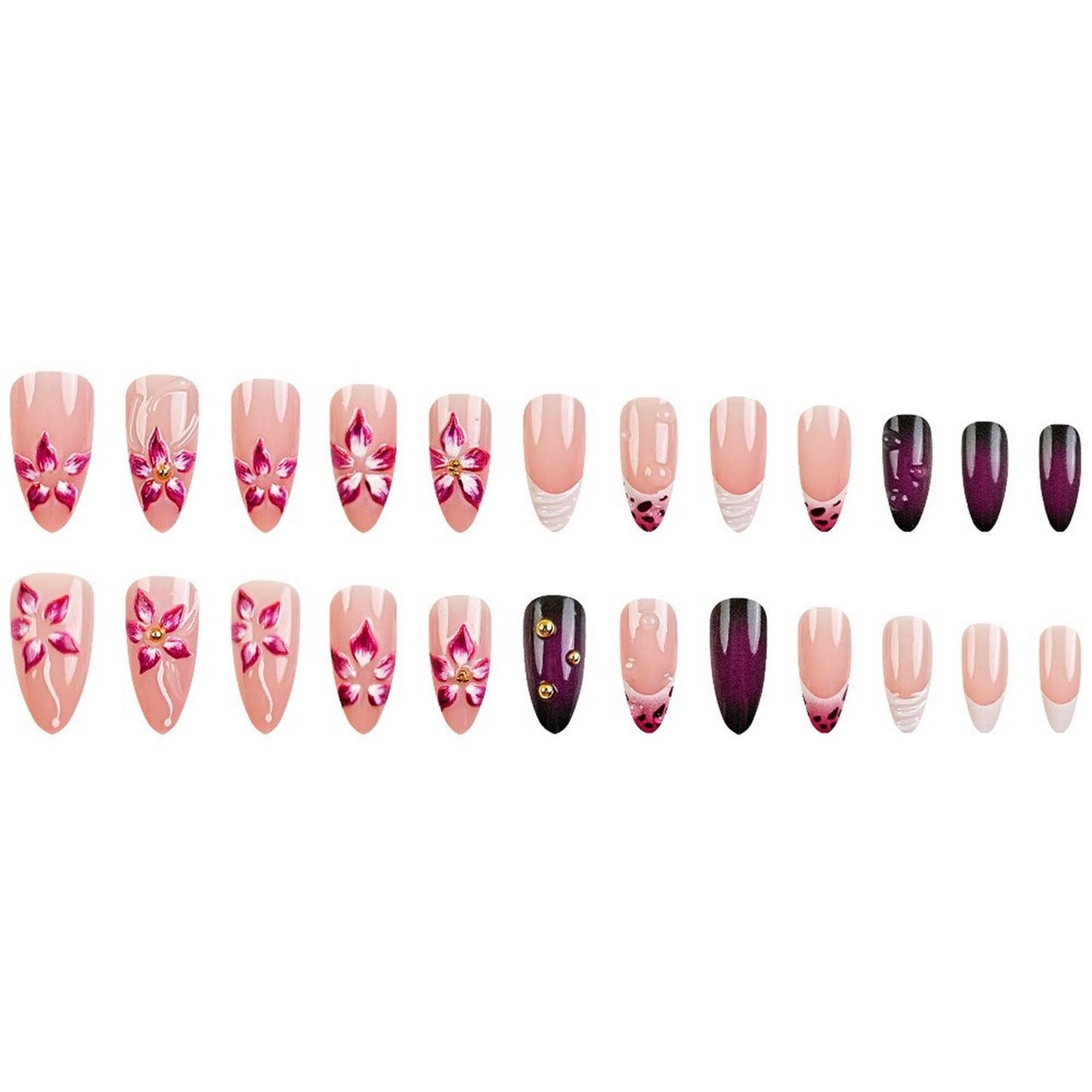 Short Almond Press on Nails Fall Fake Nails Sparkly False Nail with Gold Leaf Designs Autumn Wine Red Glossy Full Cover Acrylic Stick on Nail for Women Nail Art Decor 24 Pcs