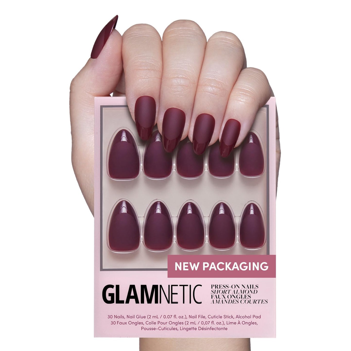 Glamnetic Press On Nails - Berry Maroon | Opaque Dark Red Maroon Short Round Fake Nails, Salon Quality | 12 Sizes - 30 Nail Kit
