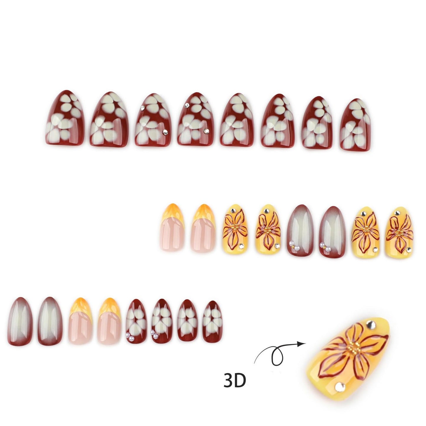 Short Almond Press on Nails Fall Fake Nails Sparkly False Nail with Gold Leaf Designs Autumn Wine Red Glossy Full Cover Acrylic Stick on Nail for Women Nail Art Decor 24 Pcs