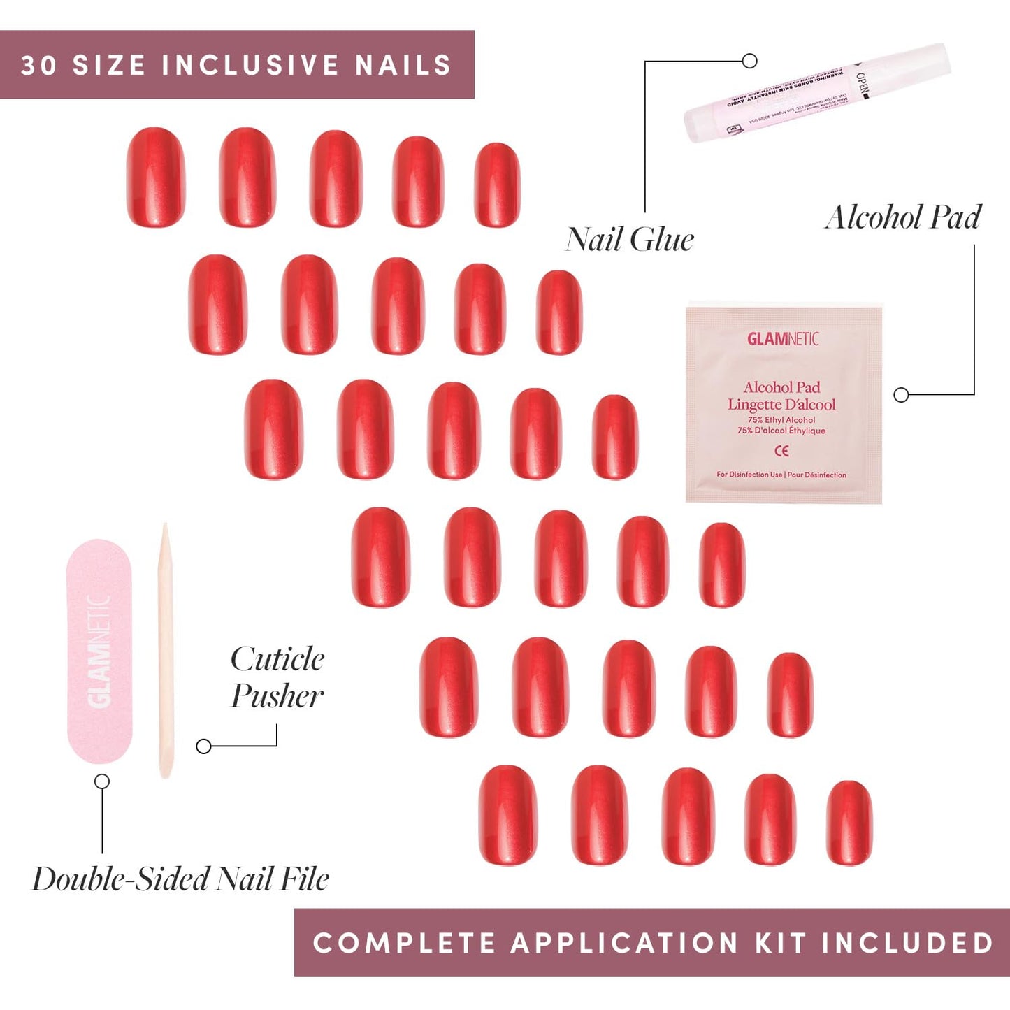 Glamnetic Press On Nails - Berry Maroon | Opaque Dark Red Maroon Short Round Fake Nails, Salon Quality | 12 Sizes - 30 Nail Kit