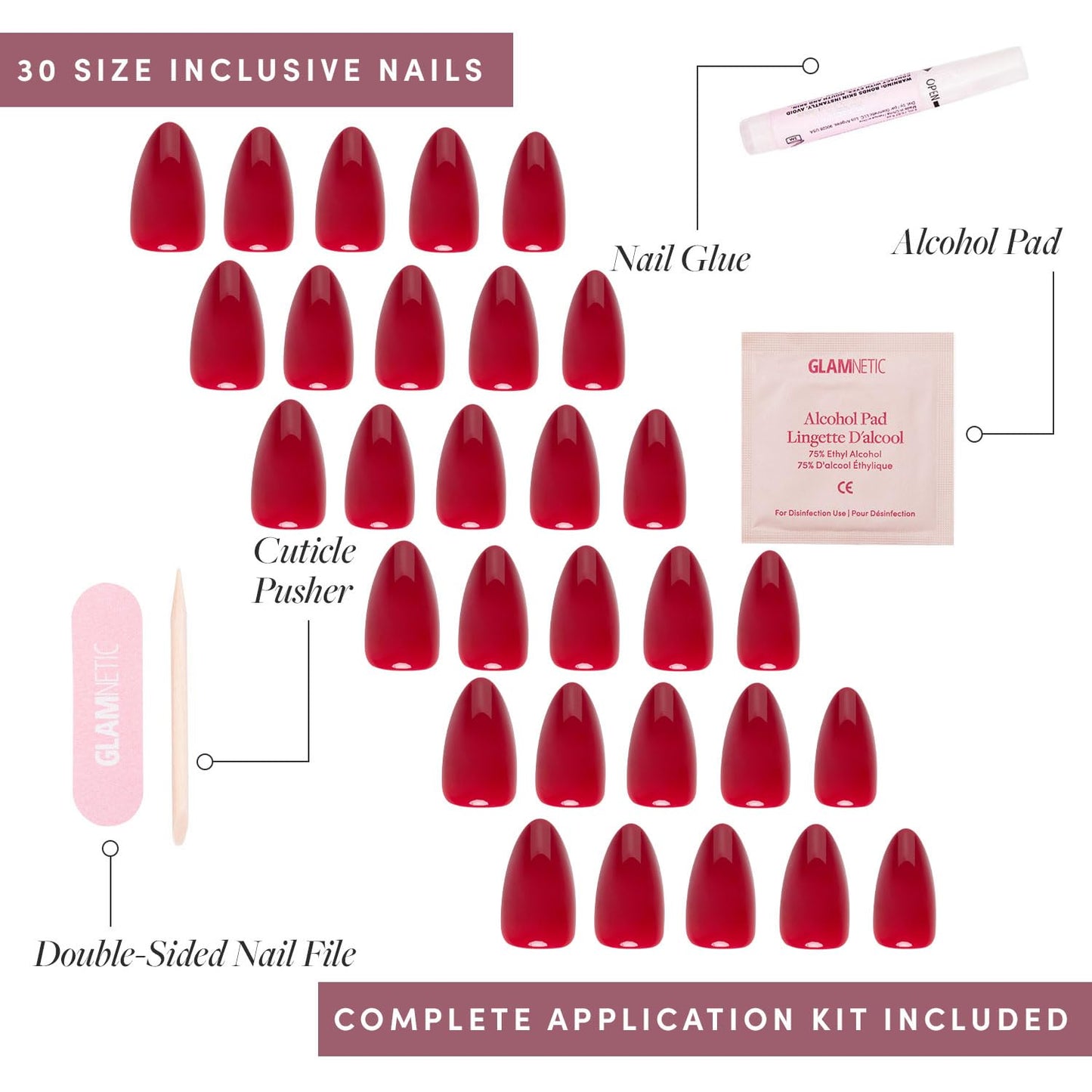 Glamnetic Press On Nails - Berry Maroon | Opaque Dark Red Maroon Short Round Fake Nails, Salon Quality | 12 Sizes - 30 Nail Kit