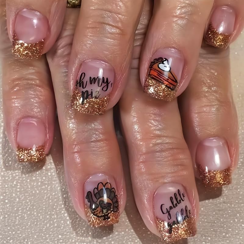 24Pcs Fall Press on Nails Short Square Fake Nails Wine Red and Gold Maple Leaf Glossy Gold Sparkly Acrylic Nails Full Cover Stick on Nails Autumn Thanksgiving Nail Decoration for Nail Art Supplies