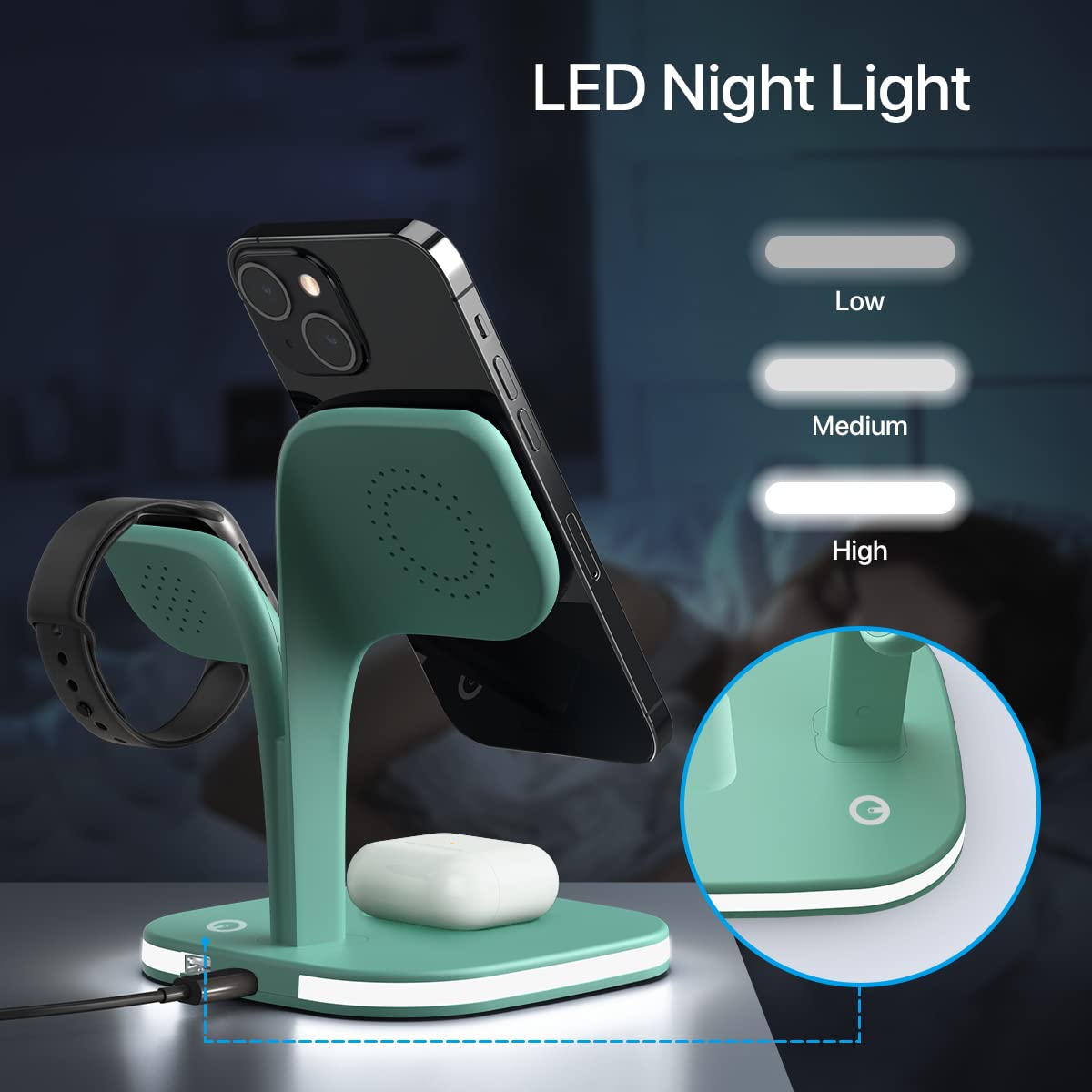 EXW Wireless Charging Station for Magsafe Charger,Charging Station for Multiple Devices,Wireless Charger for iPhone 16/15/14/13/12 Series,Apple Watch Series 1-9,AirPods with LED and Adapter (Black)