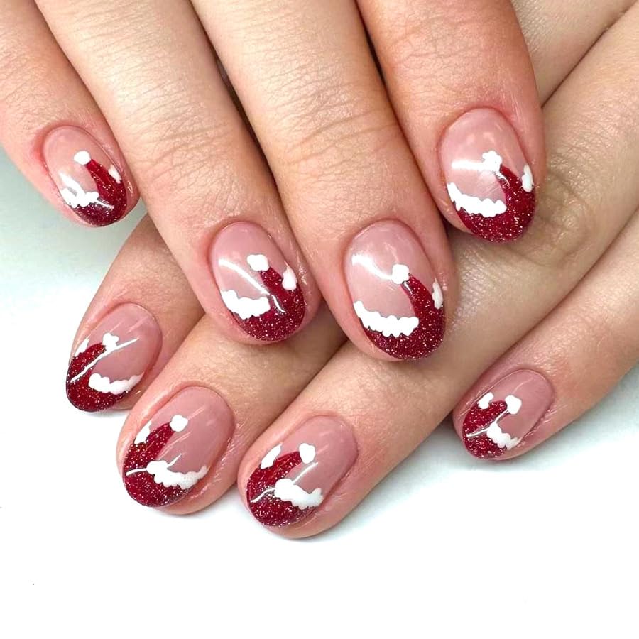 24Pcs Fall Press on Nails Short Square Fake Nails Wine Red and Gold Maple Leaf Glossy Gold Sparkly Acrylic Nails Full Cover Stick on Nails Autumn Thanksgiving Nail Decoration for Nail Art Supplies