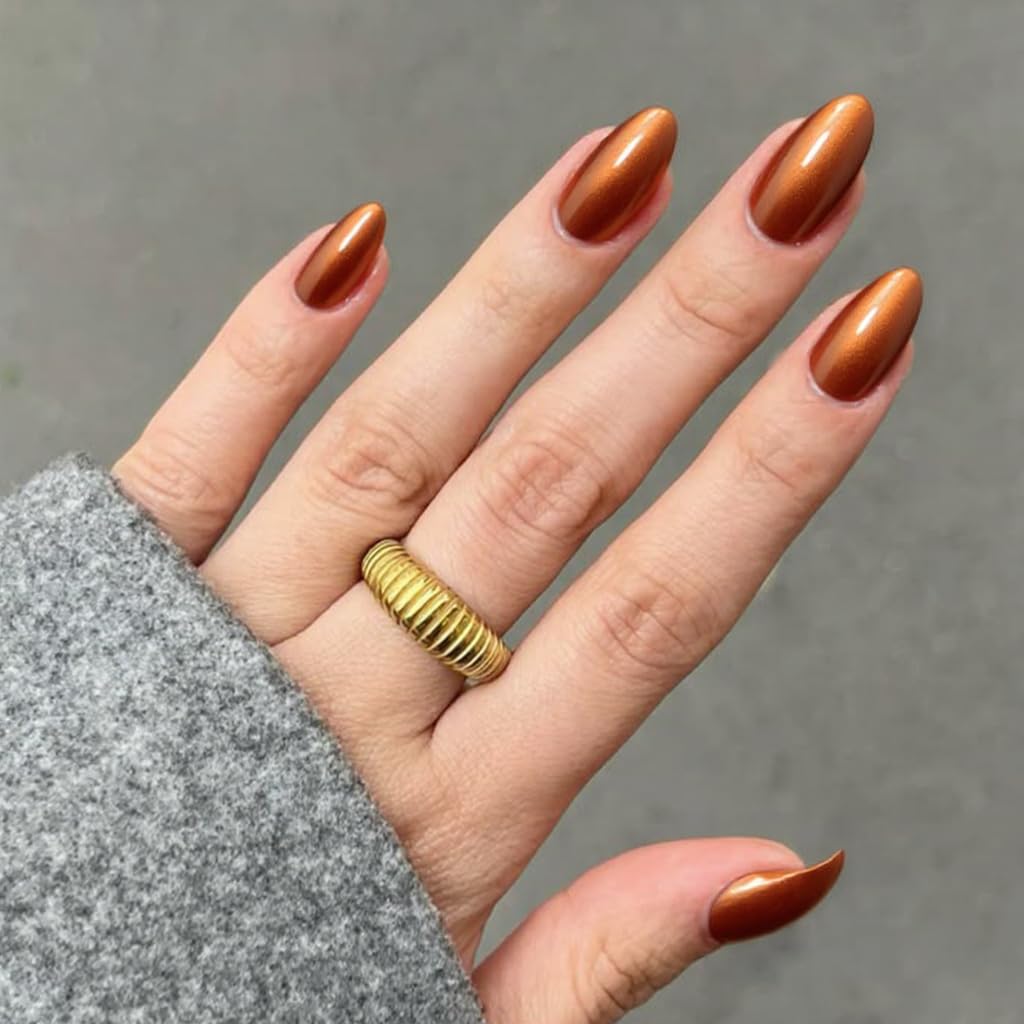 Modelones Brown Press on Nails Almond, Fall Short Fake Nails, Reusable Nail Kit with Nail Glue Adhesive Tabs Mini Nail File, Nails Press Ons 32Pcs 16 Sizes, Women Girl Gift, Amber