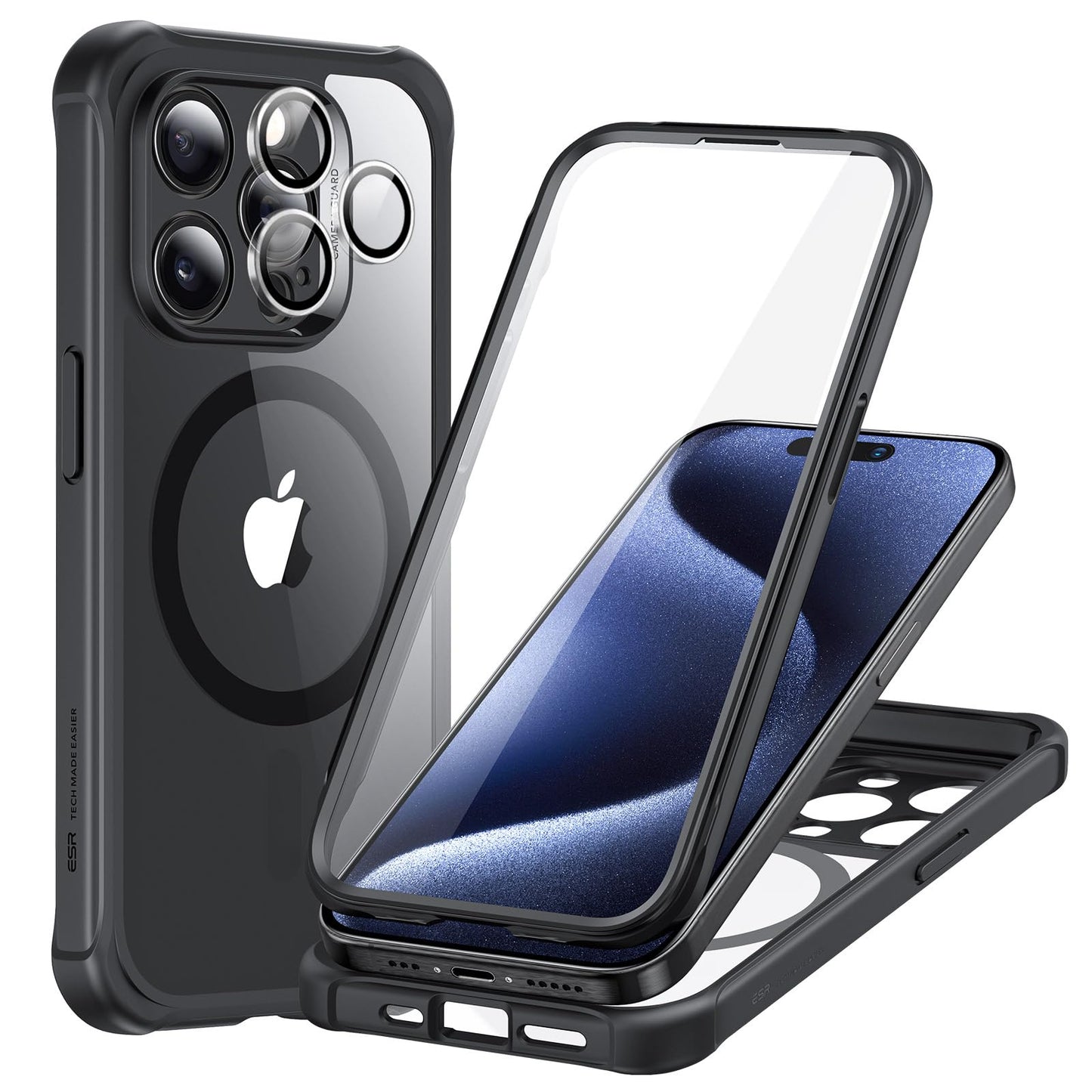 ESR for iPhone 15 Case, Compatible with MagSafe, Full-Body Military-Grade Drop Proof Case with Built-in 9H+ Tempered Glass Screen Protector, Armor Series, Clear Black