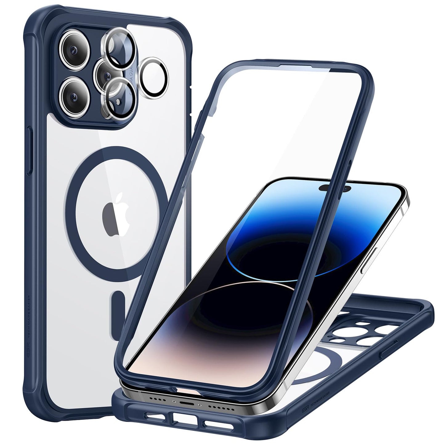 ESR for iPhone 15 Case, Compatible with MagSafe, Full-Body Military-Grade Drop Proof Case with Built-in 9H+ Tempered Glass Screen Protector, Armor Series, Clear Black