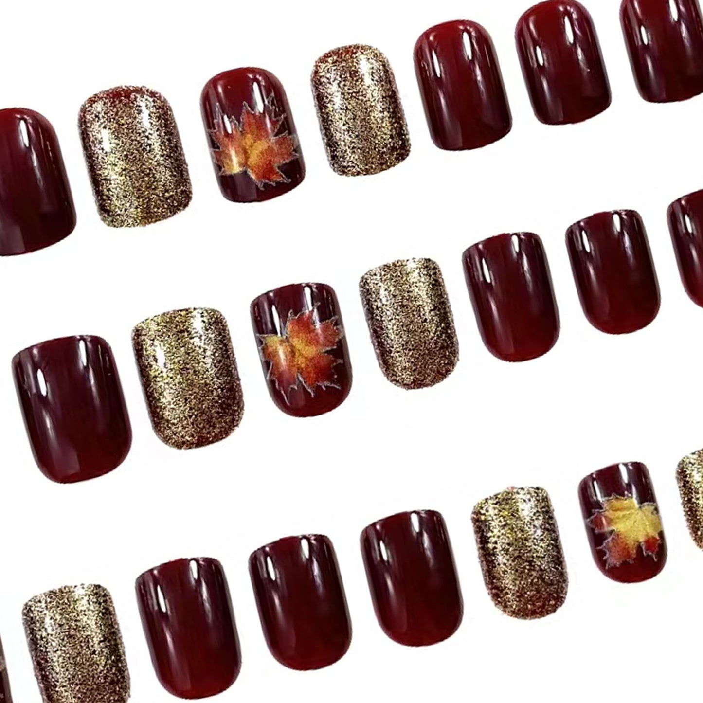 24Pcs Fall Press on Nails Short Square Fake Nails Wine Red and Gold Maple Leaf Glossy Gold Sparkly Acrylic Nails Full Cover Stick on Nails Autumn Thanksgiving Nail Decoration for Nail Art Supplies