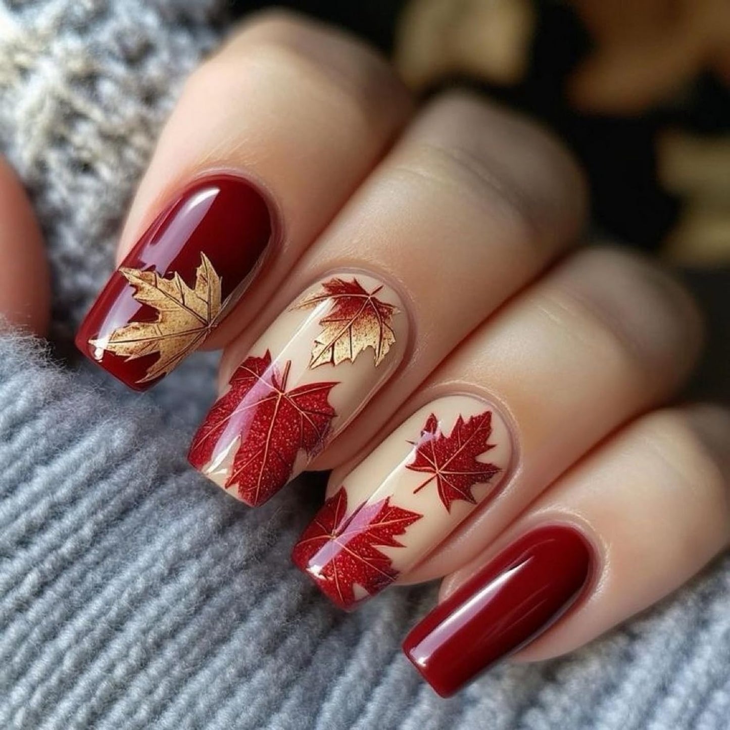 Short Almond Press on Nails Fall Fake Nails Sparkly False Nail with Gold Leaf Designs Autumn Wine Red Glossy Full Cover Acrylic Stick on Nail for Women Nail Art Decor 24 Pcs