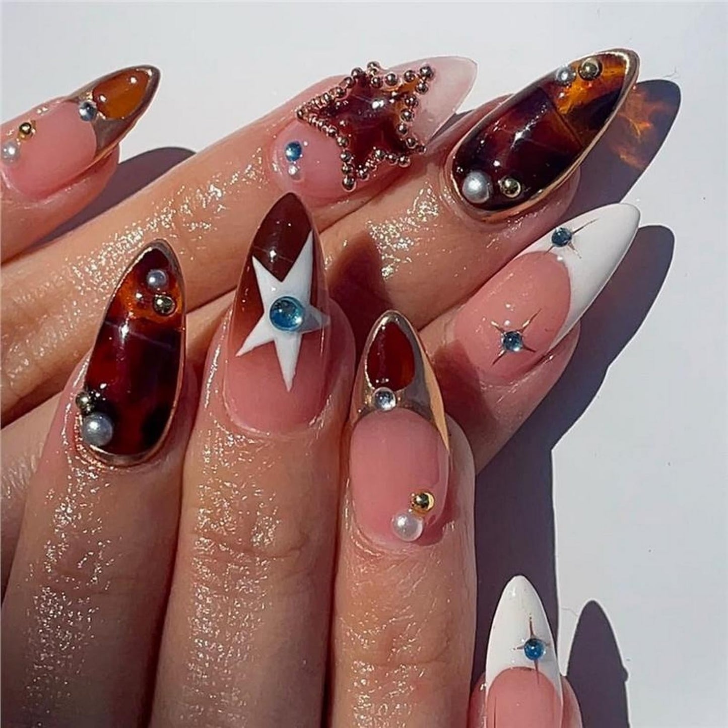 Short Almond Press on Nails Fall Fake Nails Sparkly False Nail with Gold Leaf Designs Autumn Wine Red Glossy Full Cover Acrylic Stick on Nail for Women Nail Art Decor 24 Pcs
