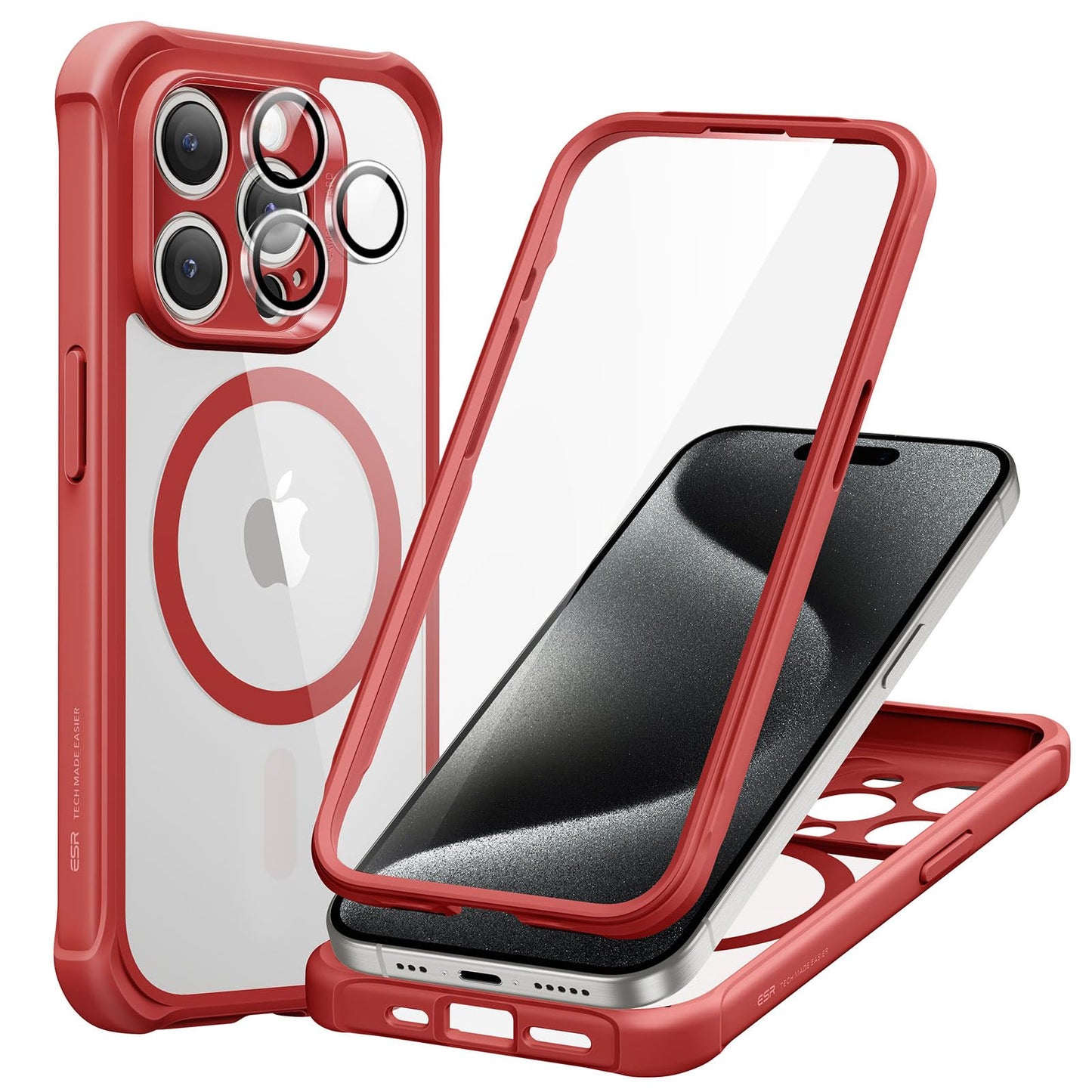 ESR for iPhone 15 Case, Compatible with MagSafe, Full-Body Military-Grade Drop Proof Case with Built-in 9H+ Tempered Glass Screen Protector, Armor Series, Clear Black