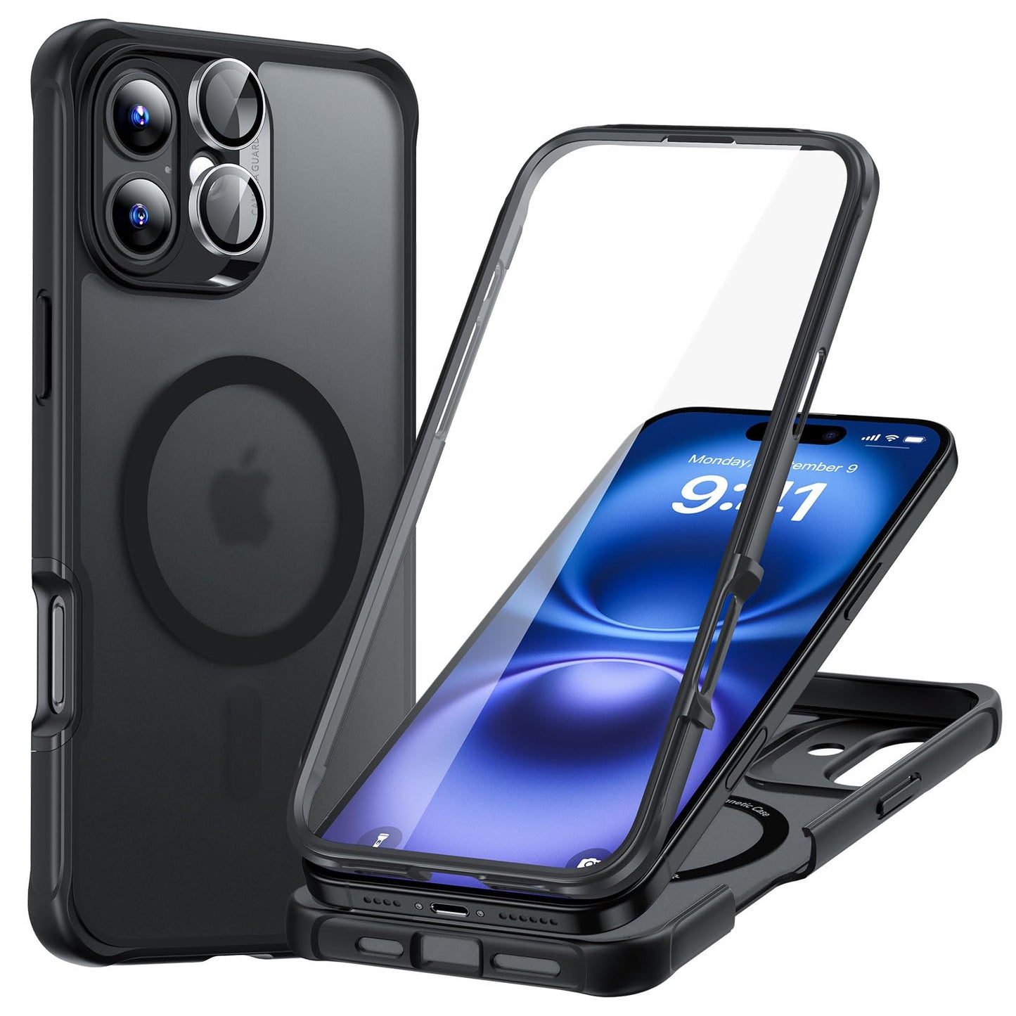 ESR for iPhone 15 Case, Compatible with MagSafe, Full-Body Military-Grade Drop Proof Case with Built-in 9H+ Tempered Glass Screen Protector, Armor Series, Clear Black