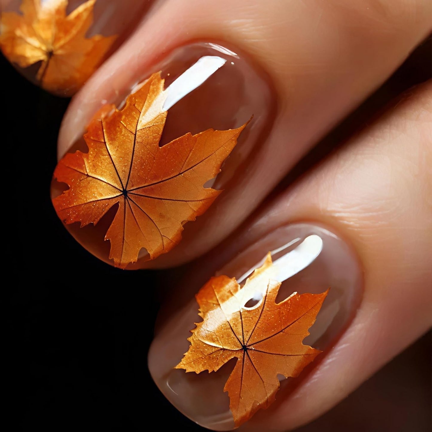 Short Almond Press on Nails Fall Fake Nails Sparkly False Nail with Gold Leaf Designs Autumn Wine Red Glossy Full Cover Acrylic Stick on Nail for Women Nail Art Decor 24 Pcs