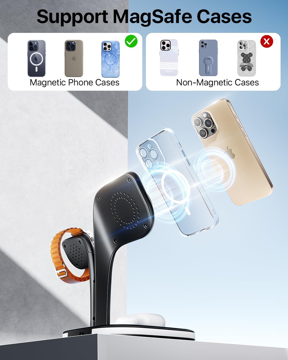 EXW Wireless Charging Station for Magsafe Charger,Charging Station for Multiple Devices,Wireless Charger for iPhone 16/15/14/13/12 Series,Apple Watch Series 1-9,AirPods with LED and Adapter (Black)