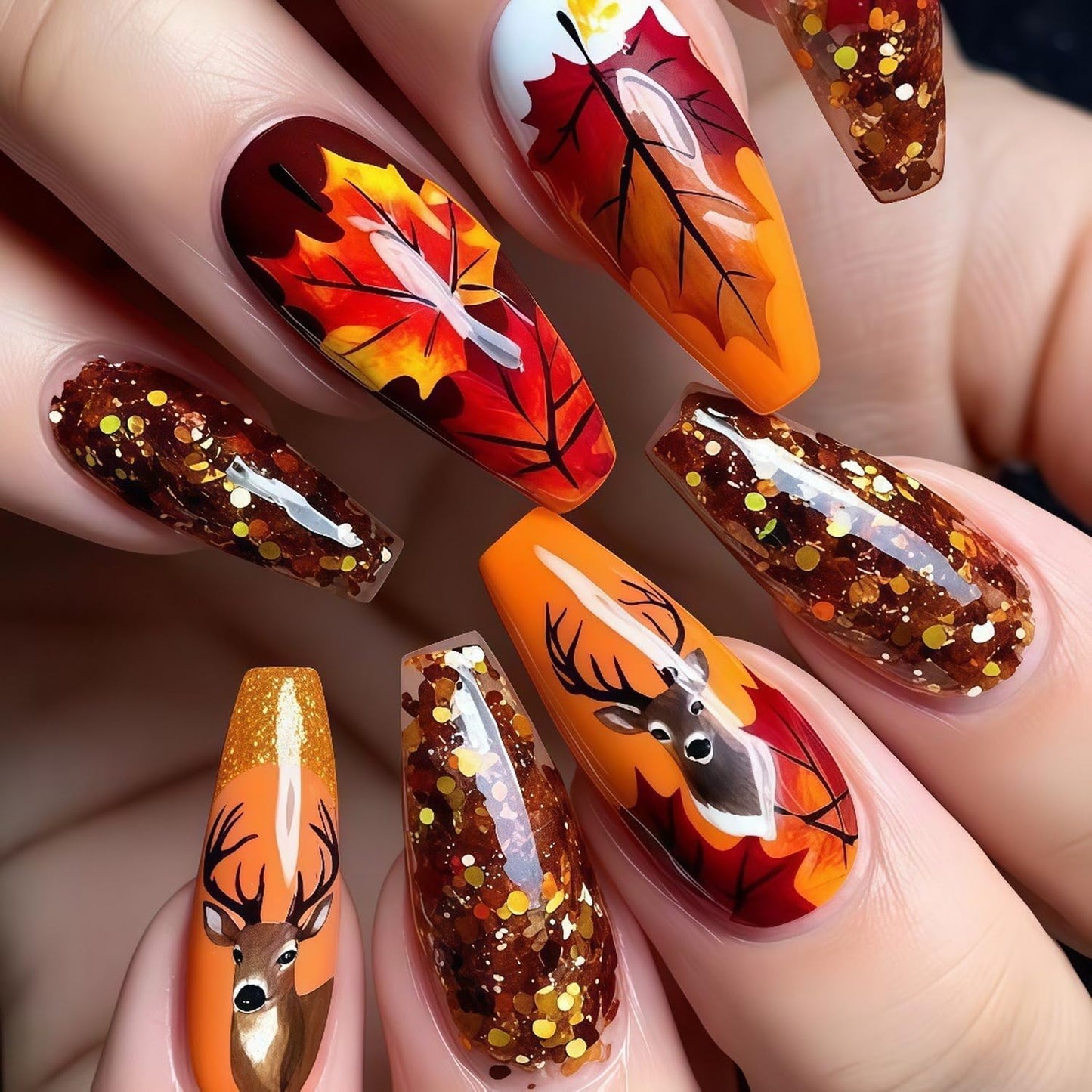 Short Almond Press on Nails Fall Fake Nails Sparkly False Nail with Gold Leaf Designs Autumn Wine Red Glossy Full Cover Acrylic Stick on Nail for Women Nail Art Decor 24 Pcs