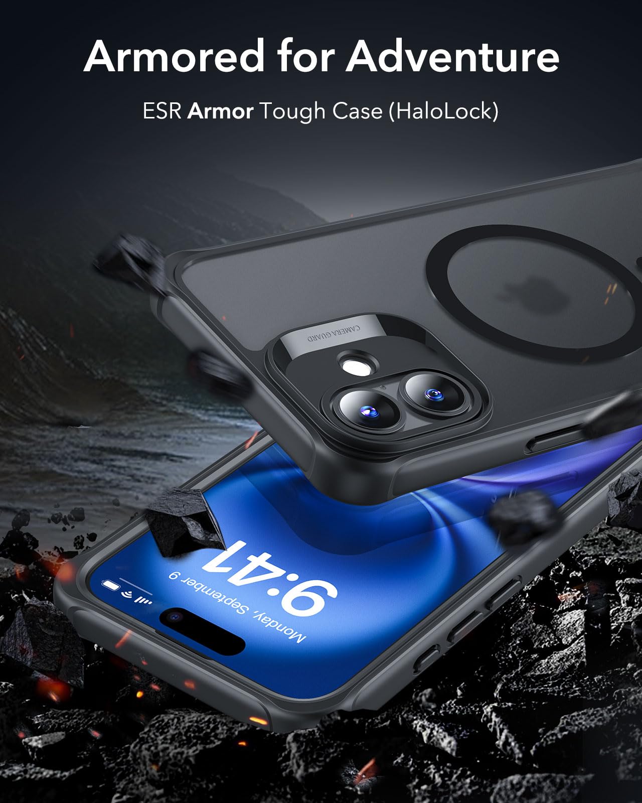 ESR for iPhone 15 Case, Compatible with MagSafe, Full-Body Military-Grade Drop Proof Case with Built-in 9H+ Tempered Glass Screen Protector, Armor Series, Clear Black