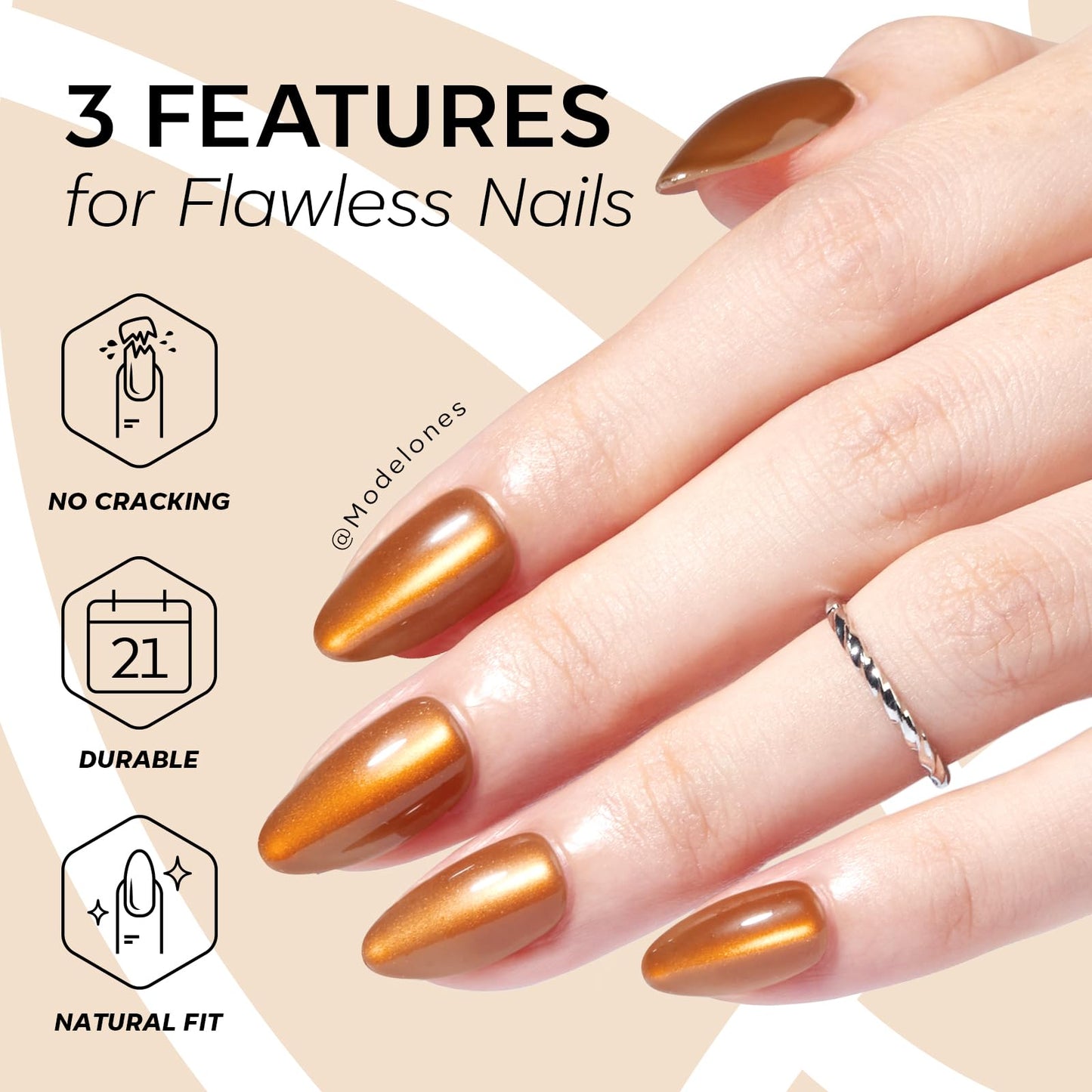 Modelones Brown Press on Nails Almond, Fall Short Fake Nails, Reusable Nail Kit with Nail Glue Adhesive Tabs Mini Nail File, Nails Press Ons 32Pcs 16 Sizes, Women Girl Gift, Amber