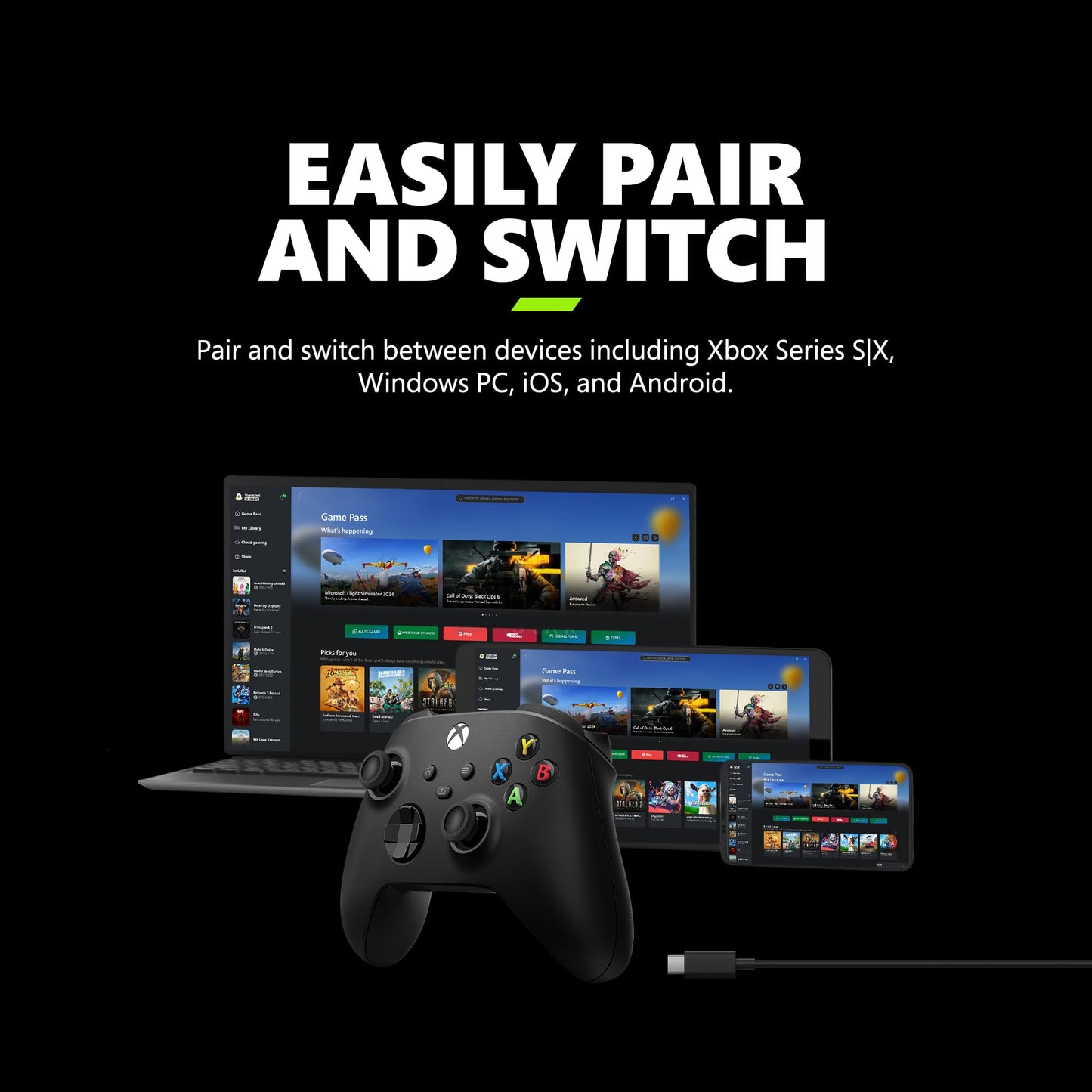 Xbox Wireless Gaming Controller (2025) – Carbon Black – Play on Xbox, Windows, Android, iOS, FireTV Sticks, Smart TVs, VR Headsets