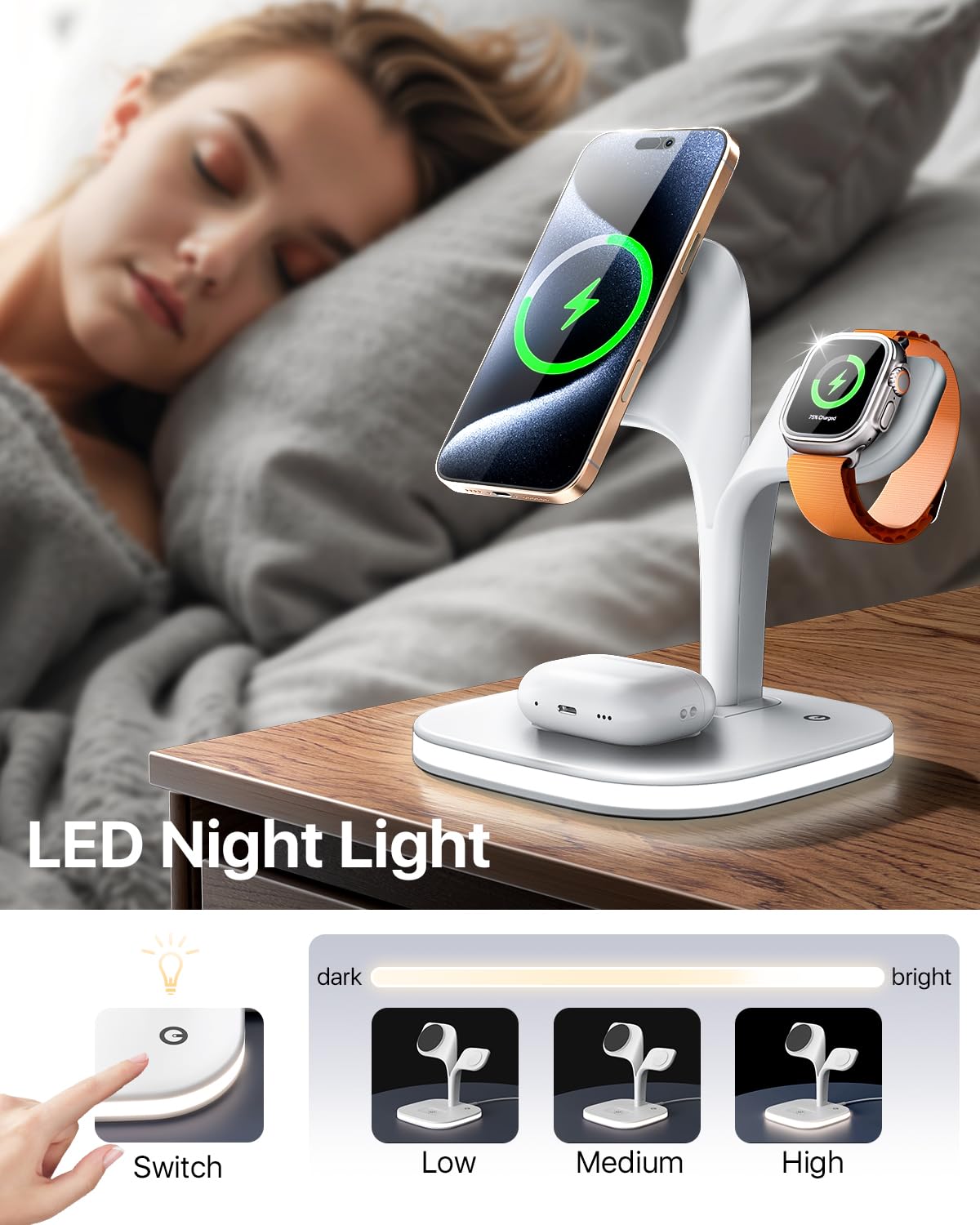 EXW Wireless Charging Station for Magsafe Charger,Charging Station for Multiple Devices,Wireless Charger for iPhone 16/15/14/13/12 Series,Apple Watch Series 1-9,AirPods with LED and Adapter (Black)