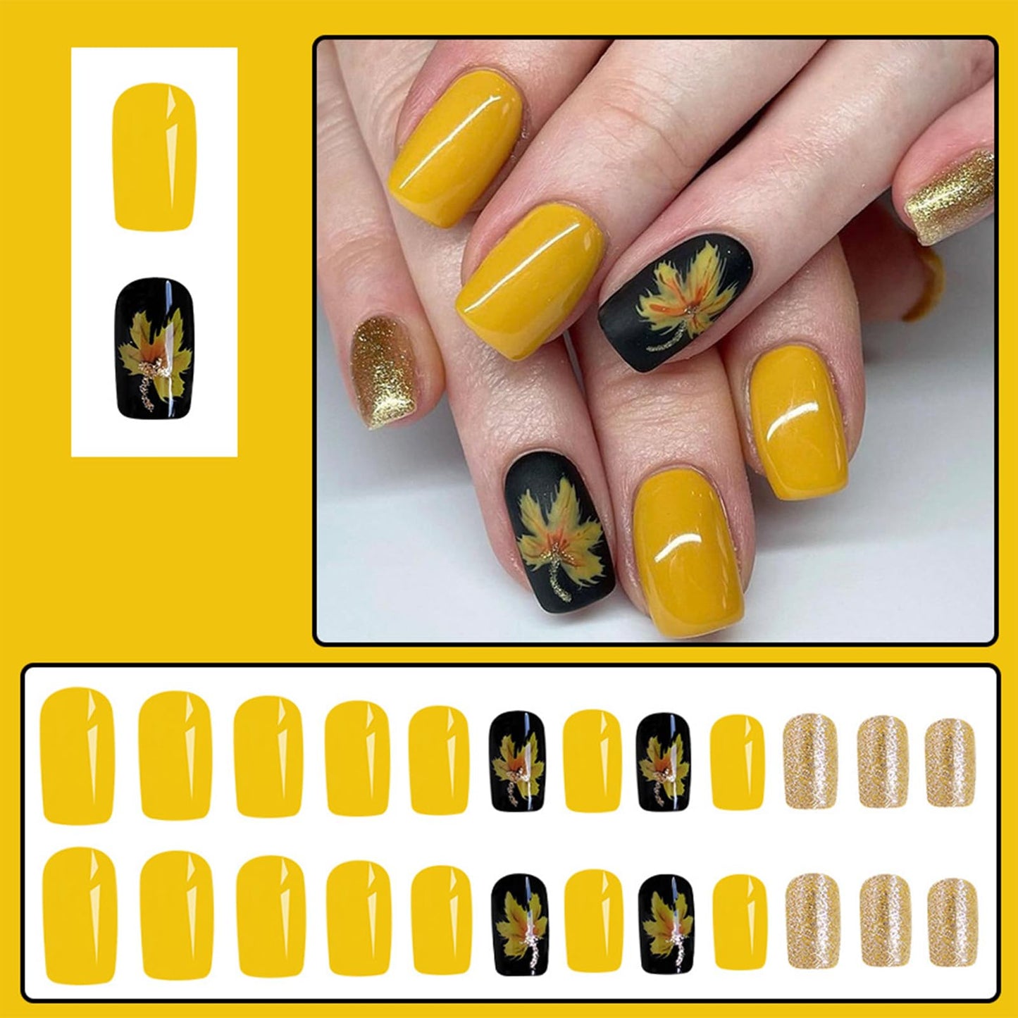 24Pcs Fall Press on Nails Short Square Fake Nails Wine Red and Gold Maple Leaf Glossy Gold Sparkly Acrylic Nails Full Cover Stick on Nails Autumn Thanksgiving Nail Decoration for Nail Art Supplies
