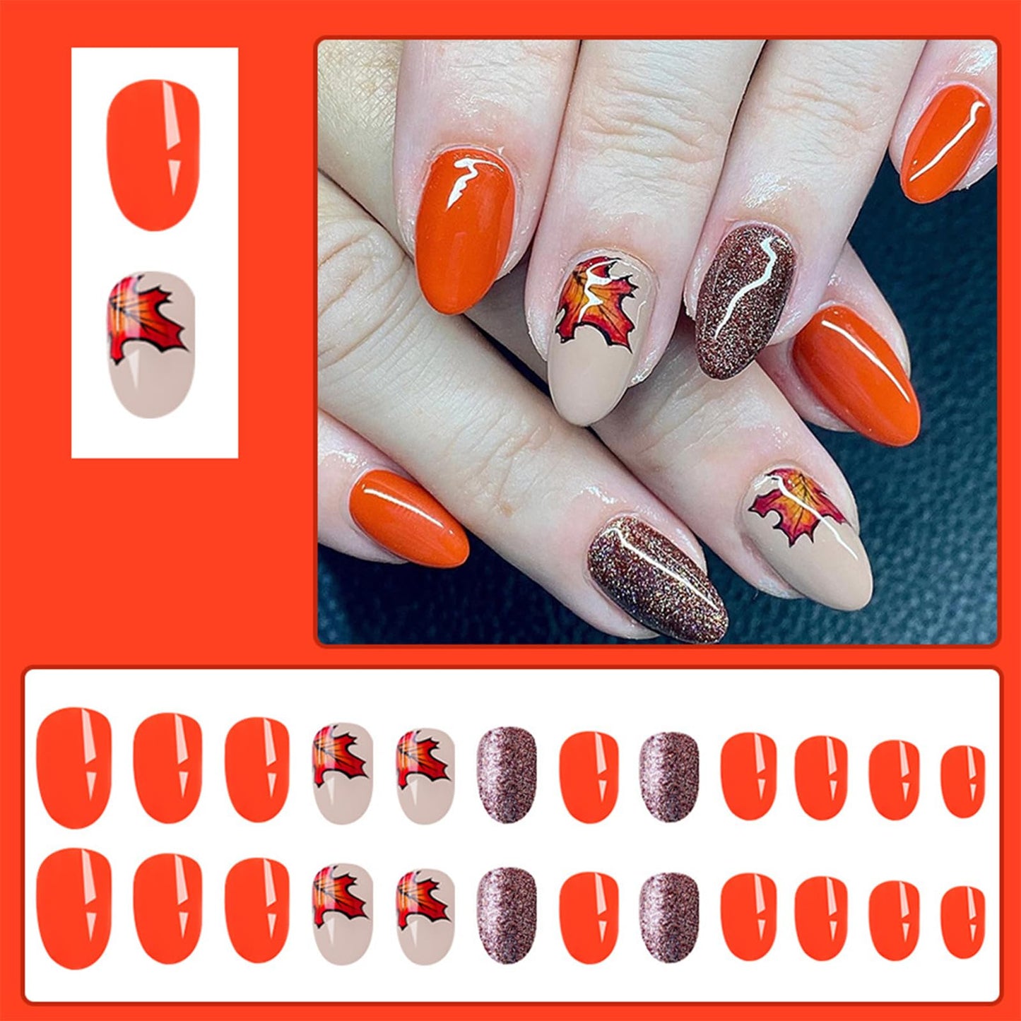 24Pcs Fall Press on Nails Short Square Fake Nails Wine Red and Gold Maple Leaf Glossy Gold Sparkly Acrylic Nails Full Cover Stick on Nails Autumn Thanksgiving Nail Decoration for Nail Art Supplies