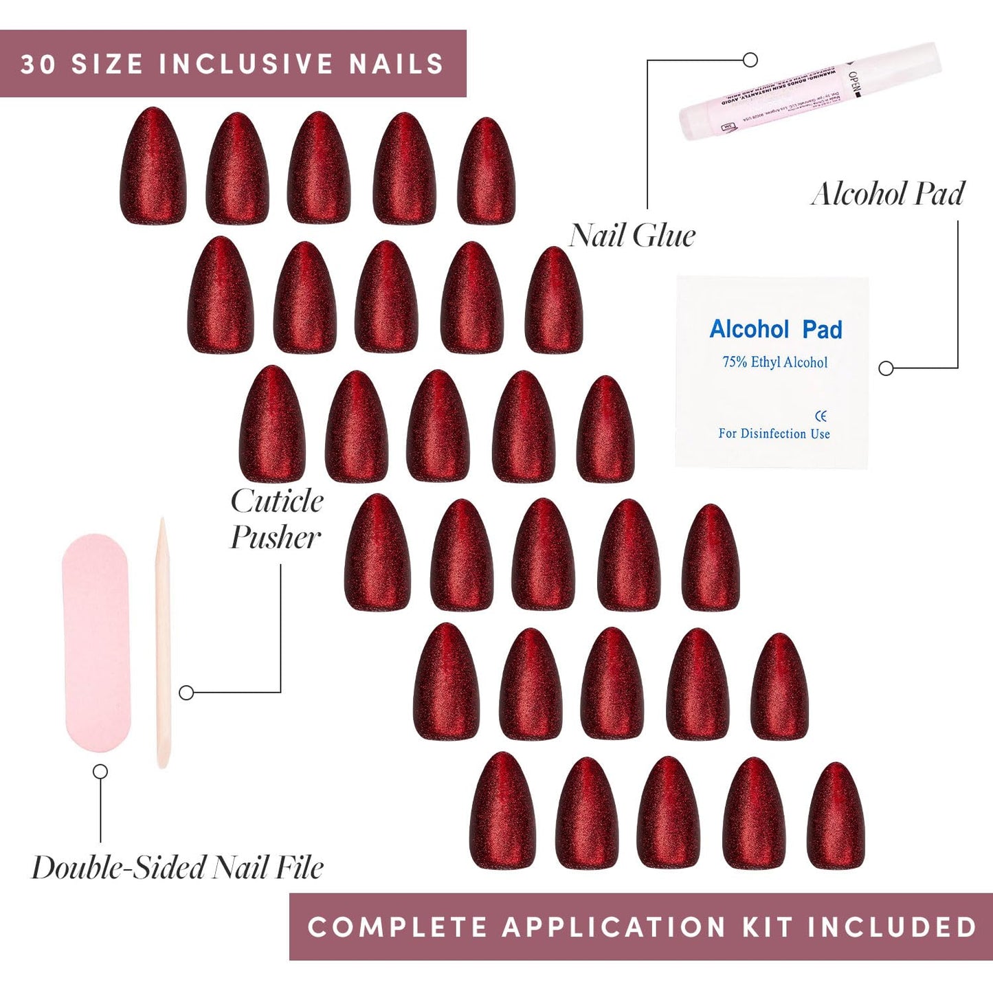 Glamnetic Press On Nails - Berry Maroon | Opaque Dark Red Maroon Short Round Fake Nails, Salon Quality | 12 Sizes - 30 Nail Kit