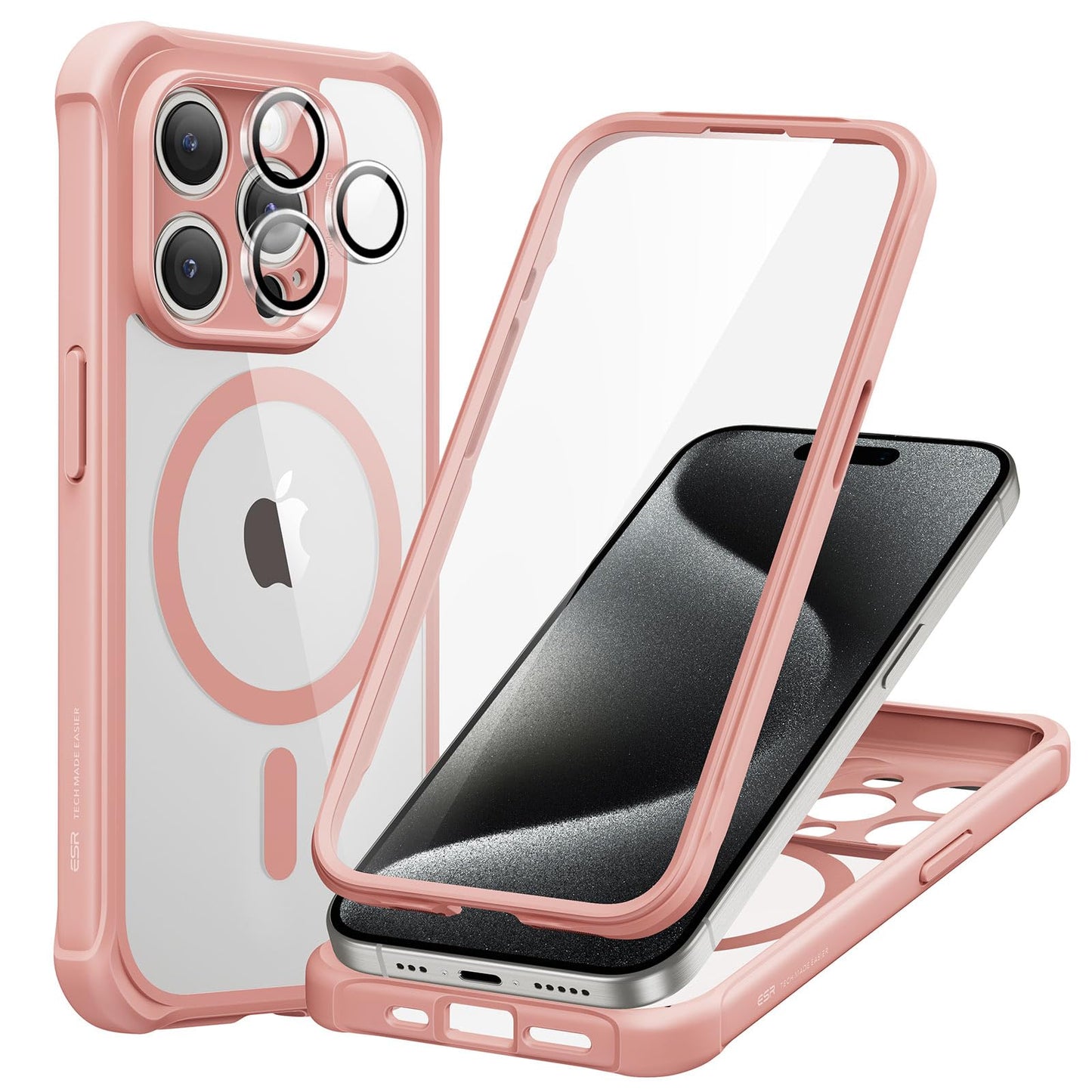 ESR for iPhone 15 Case, Compatible with MagSafe, Full-Body Military-Grade Drop Proof Case with Built-in 9H+ Tempered Glass Screen Protector, Armor Series, Clear Black