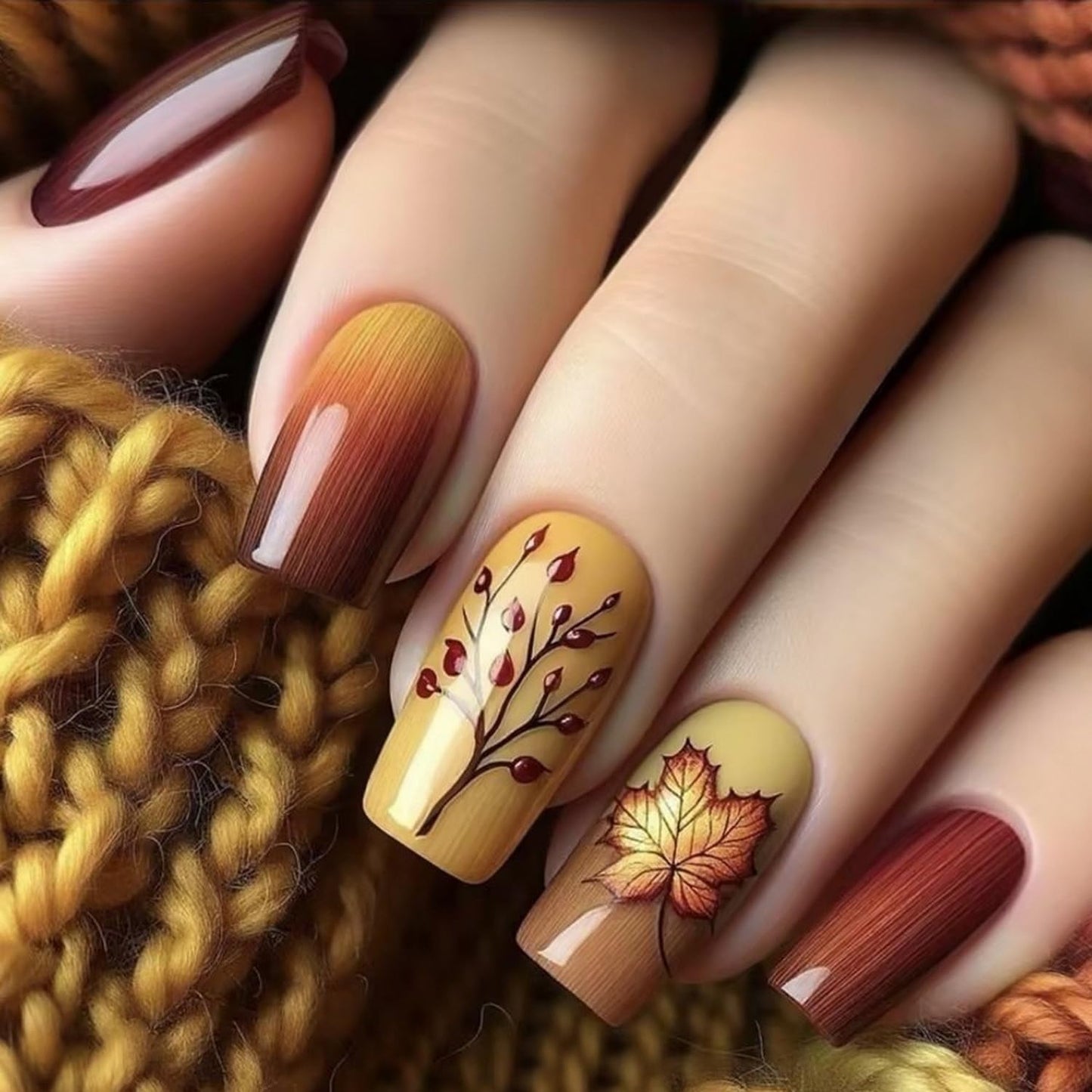 Short Almond Press on Nails Fall Fake Nails Sparkly False Nail with Gold Leaf Designs Autumn Wine Red Glossy Full Cover Acrylic Stick on Nail for Women Nail Art Decor 24 Pcs