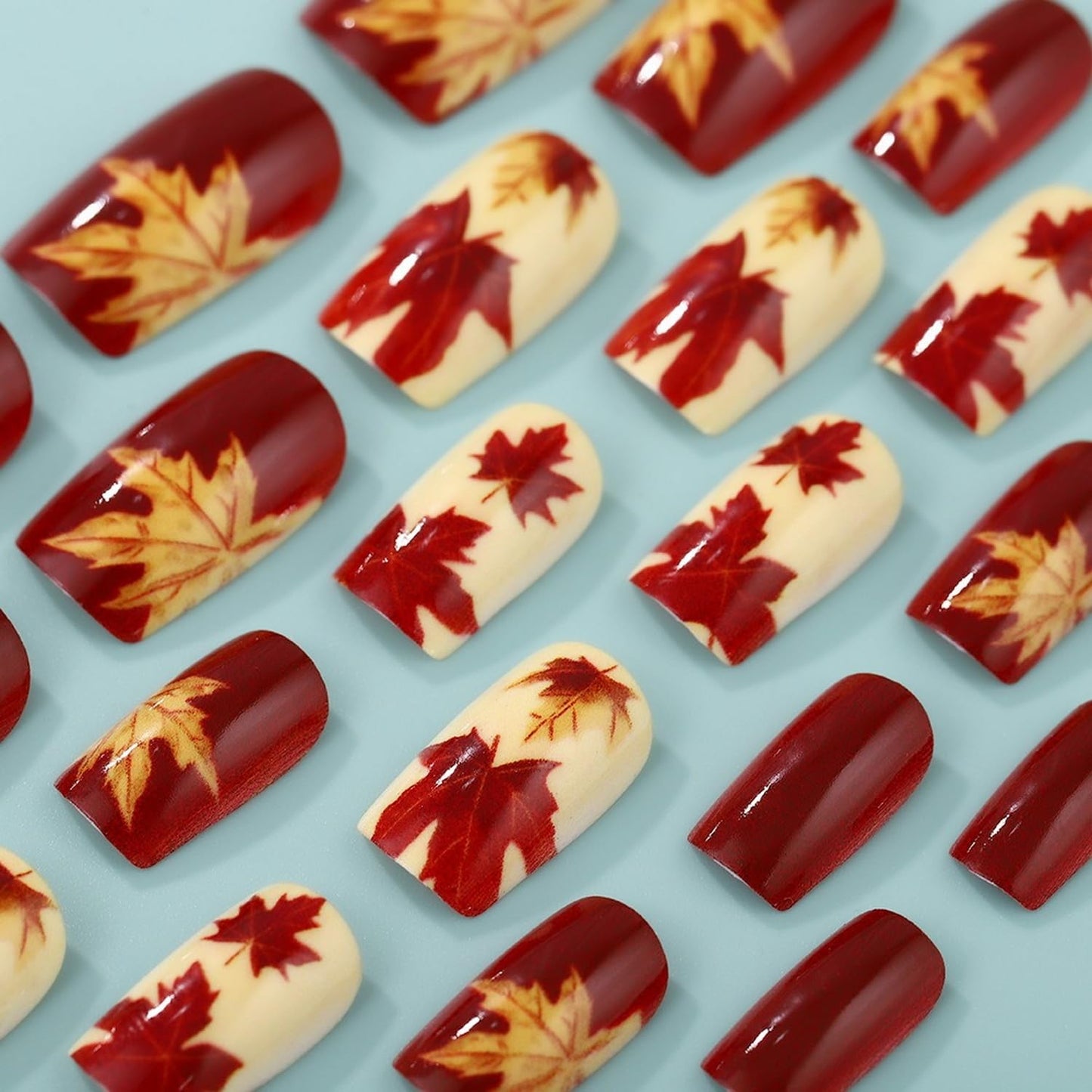 Short Almond Press on Nails Fall Fake Nails Sparkly False Nail with Gold Leaf Designs Autumn Wine Red Glossy Full Cover Acrylic Stick on Nail for Women Nail Art Decor 24 Pcs