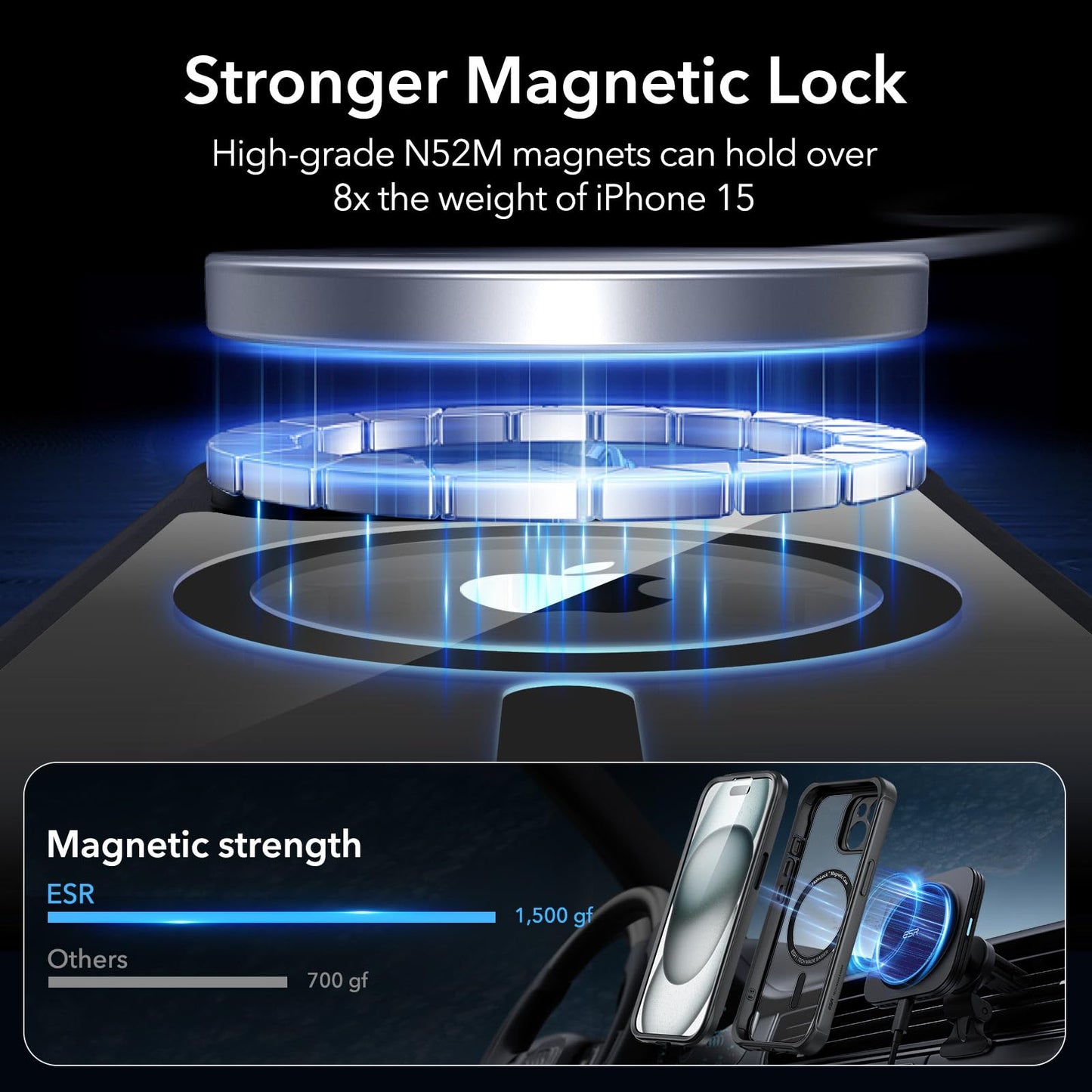 ESR for iPhone 15 Case, Compatible with MagSafe, Full-Body Military-Grade Drop Proof Case with Built-in 9H+ Tempered Glass Screen Protector, Armor Series, Clear Black