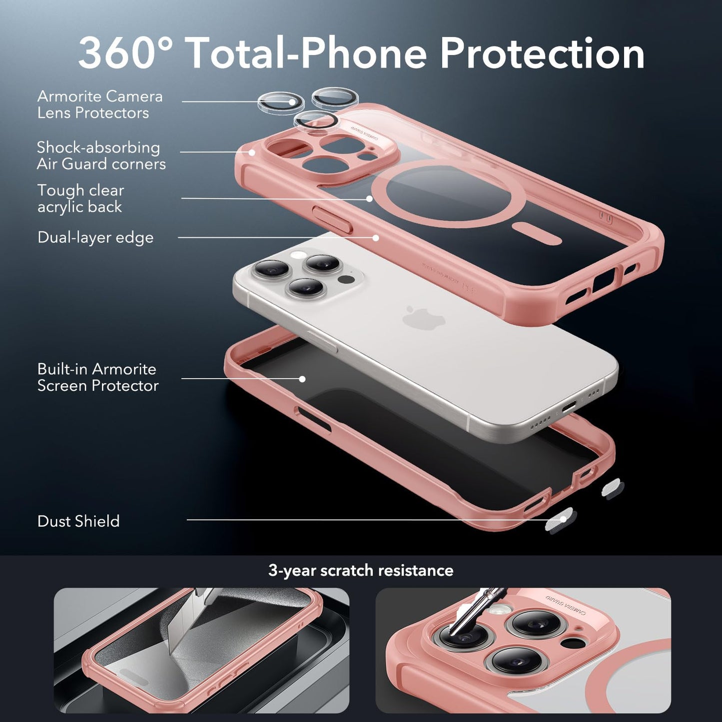 ESR for iPhone 15 Case, Compatible with MagSafe, Full-Body Military-Grade Drop Proof Case with Built-in 9H+ Tempered Glass Screen Protector, Armor Series, Clear Black