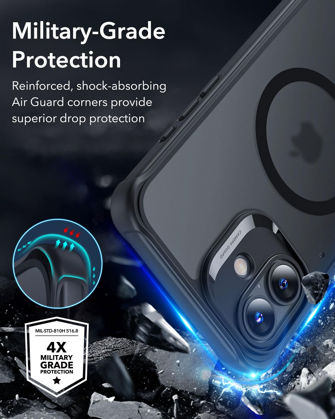 ESR for iPhone 15 Case, Compatible with MagSafe, Full-Body Military-Grade Drop Proof Case with Built-in 9H+ Tempered Glass Screen Protector, Armor Series, Clear Black