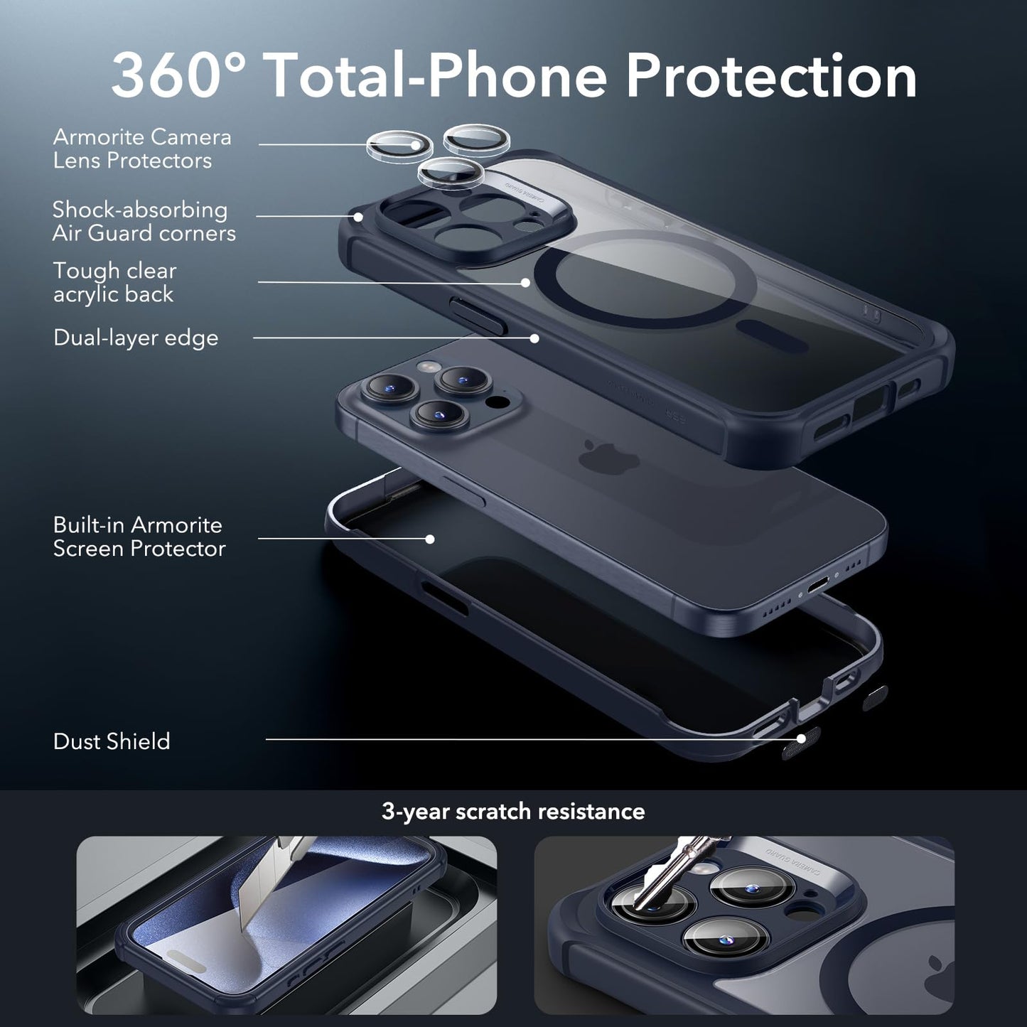 ESR for iPhone 15 Case, Compatible with MagSafe, Full-Body Military-Grade Drop Proof Case with Built-in 9H+ Tempered Glass Screen Protector, Armor Series, Clear Black