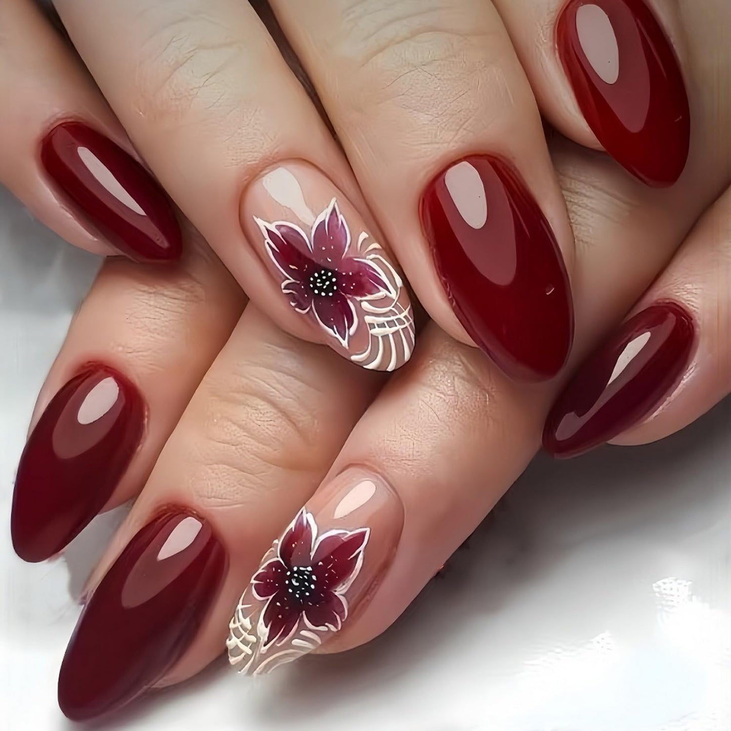 Short Almond Press on Nails Fall Fake Nails Sparkly False Nail with Gold Leaf Designs Autumn Wine Red Glossy Full Cover Acrylic Stick on Nail for Women Nail Art Decor 24 Pcs