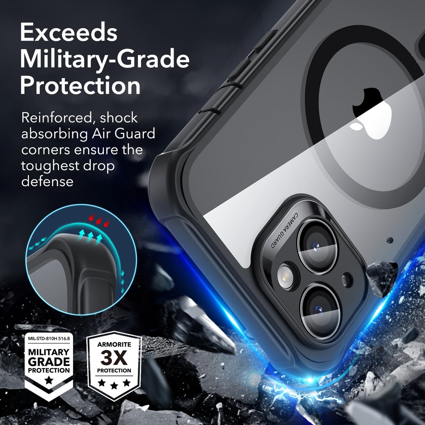 ESR for iPhone 15 Case, Compatible with MagSafe, Full-Body Military-Grade Drop Proof Case with Built-in 9H+ Tempered Glass Screen Protector, Armor Series, Clear Black