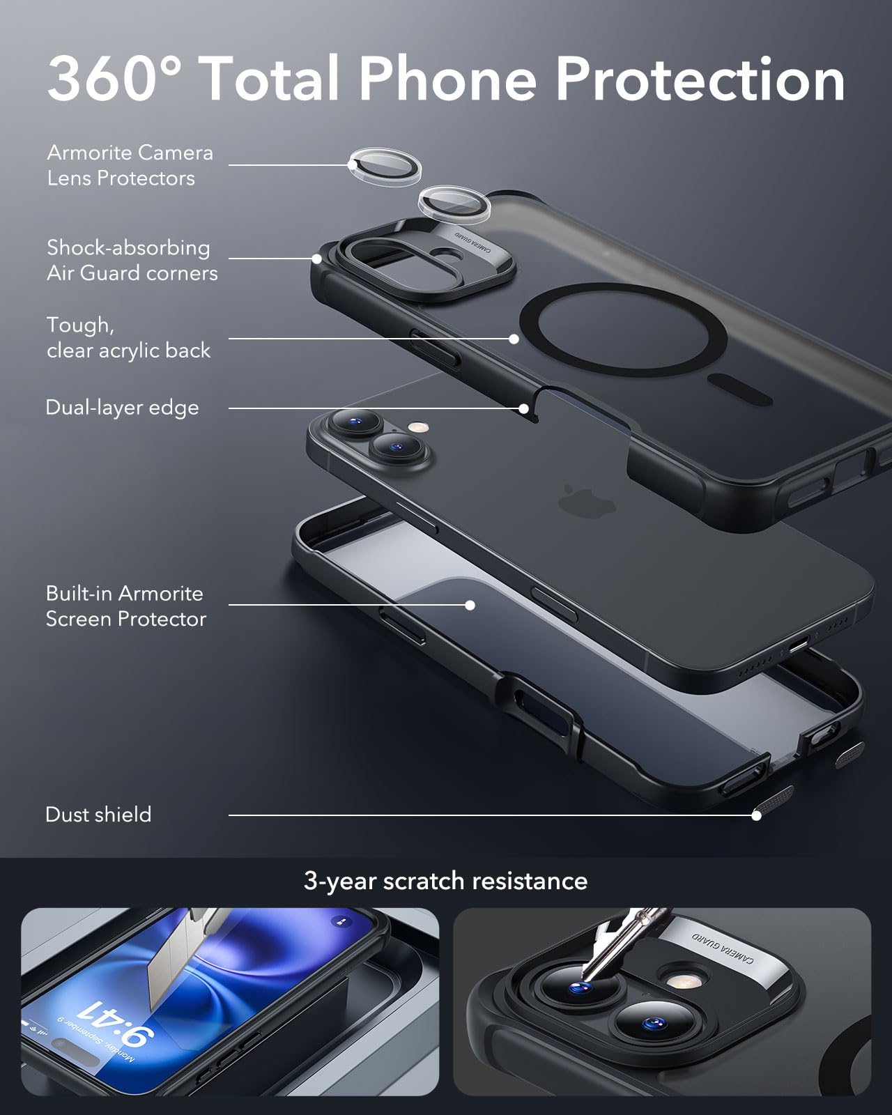ESR for iPhone 15 Case, Compatible with MagSafe, Full-Body Military-Grade Drop Proof Case with Built-in 9H+ Tempered Glass Screen Protector, Armor Series, Clear Black