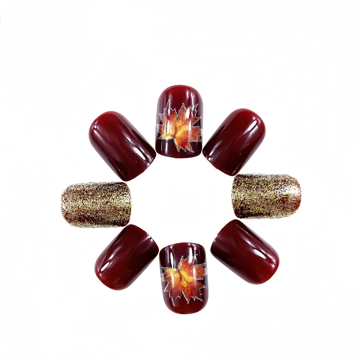 24Pcs Fall Press on Nails Short Square Fake Nails Wine Red and Gold Maple Leaf Glossy Gold Sparkly Acrylic Nails Full Cover Stick on Nails Autumn Thanksgiving Nail Decoration for Nail Art Supplies