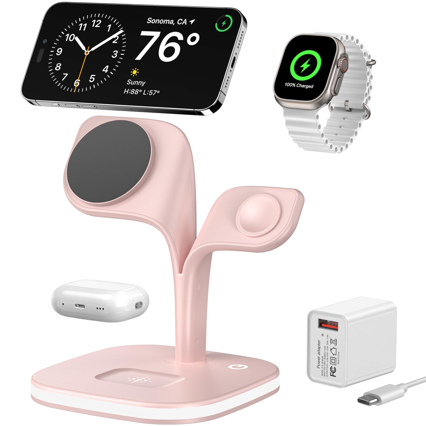 EXW Wireless Charging Station for Magsafe Charger,Charging Station for Multiple Devices,Wireless Charger for iPhone 16/15/14/13/12 Series,Apple Watch Series 1-9,AirPods with LED and Adapter (Black)