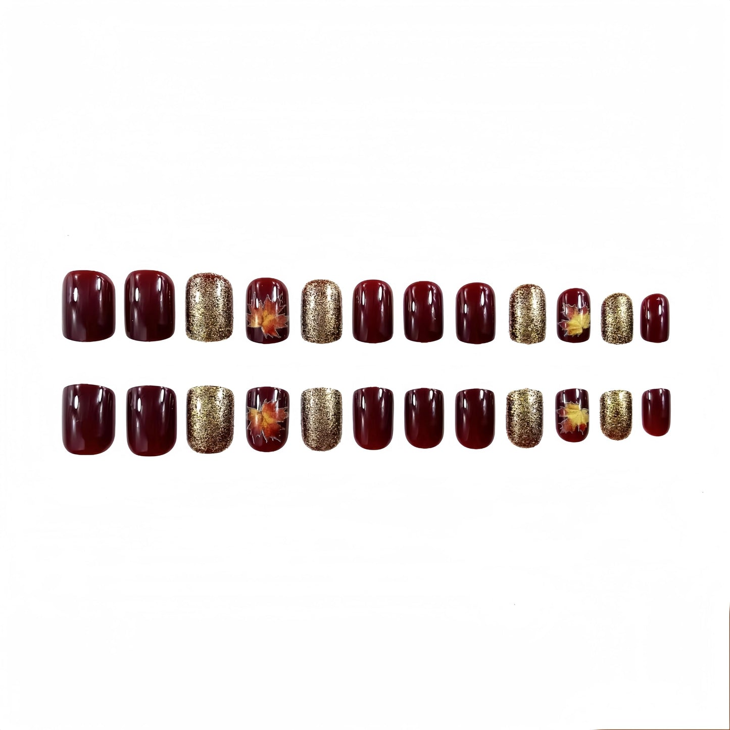 24Pcs Fall Press on Nails Short Square Fake Nails Wine Red and Gold Maple Leaf Glossy Gold Sparkly Acrylic Nails Full Cover Stick on Nails Autumn Thanksgiving Nail Decoration for Nail Art Supplies
