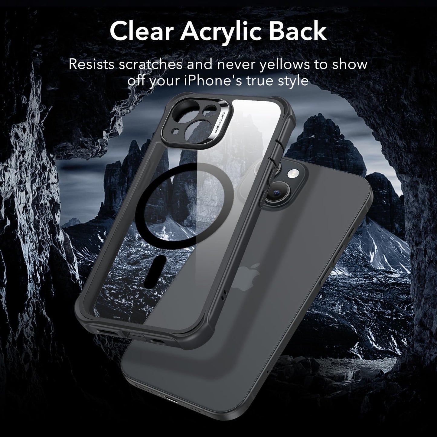 ESR for iPhone 15 Case, Compatible with MagSafe, Full-Body Military-Grade Drop Proof Case with Built-in 9H+ Tempered Glass Screen Protector, Armor Series, Clear Black